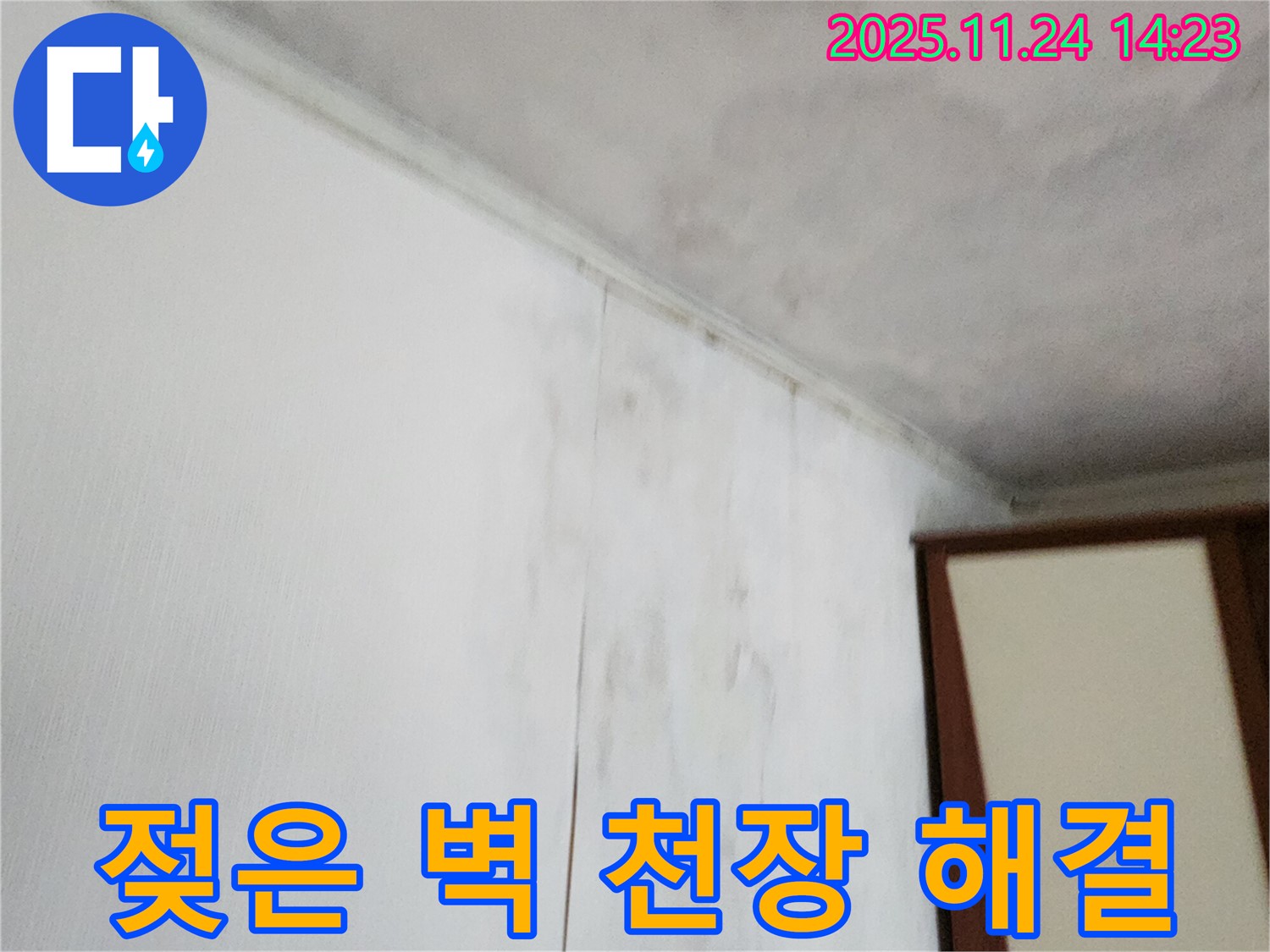젖은 벽 - 젖은 천장 - 누수로 인해 벽과 천장이 젖은 모습입니다 - 누수 문제 해결과 재발 방지가 중요합니다.