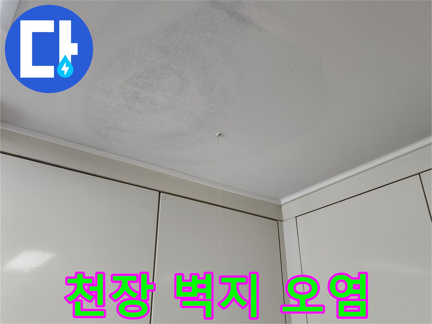 천장 벽지가 젖어서 어둡게 변한 누수 피해 현장