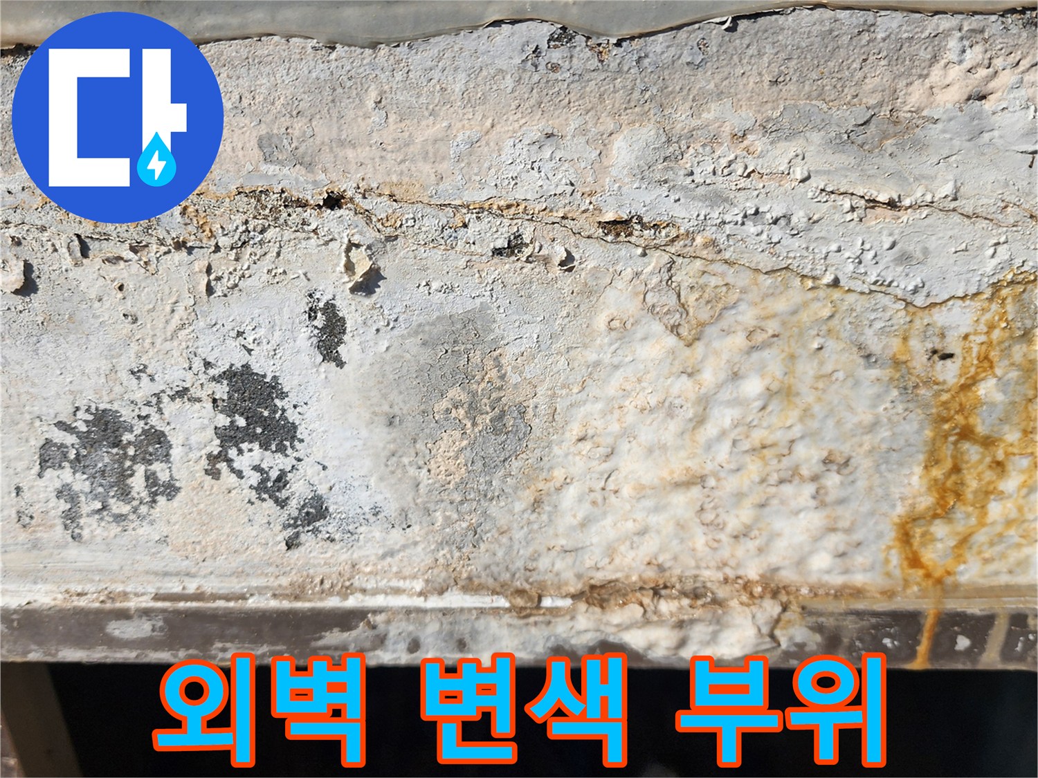 포천 신북면 현장의 외벽 하단부 황색 얼룩과 습기 침투 흔적