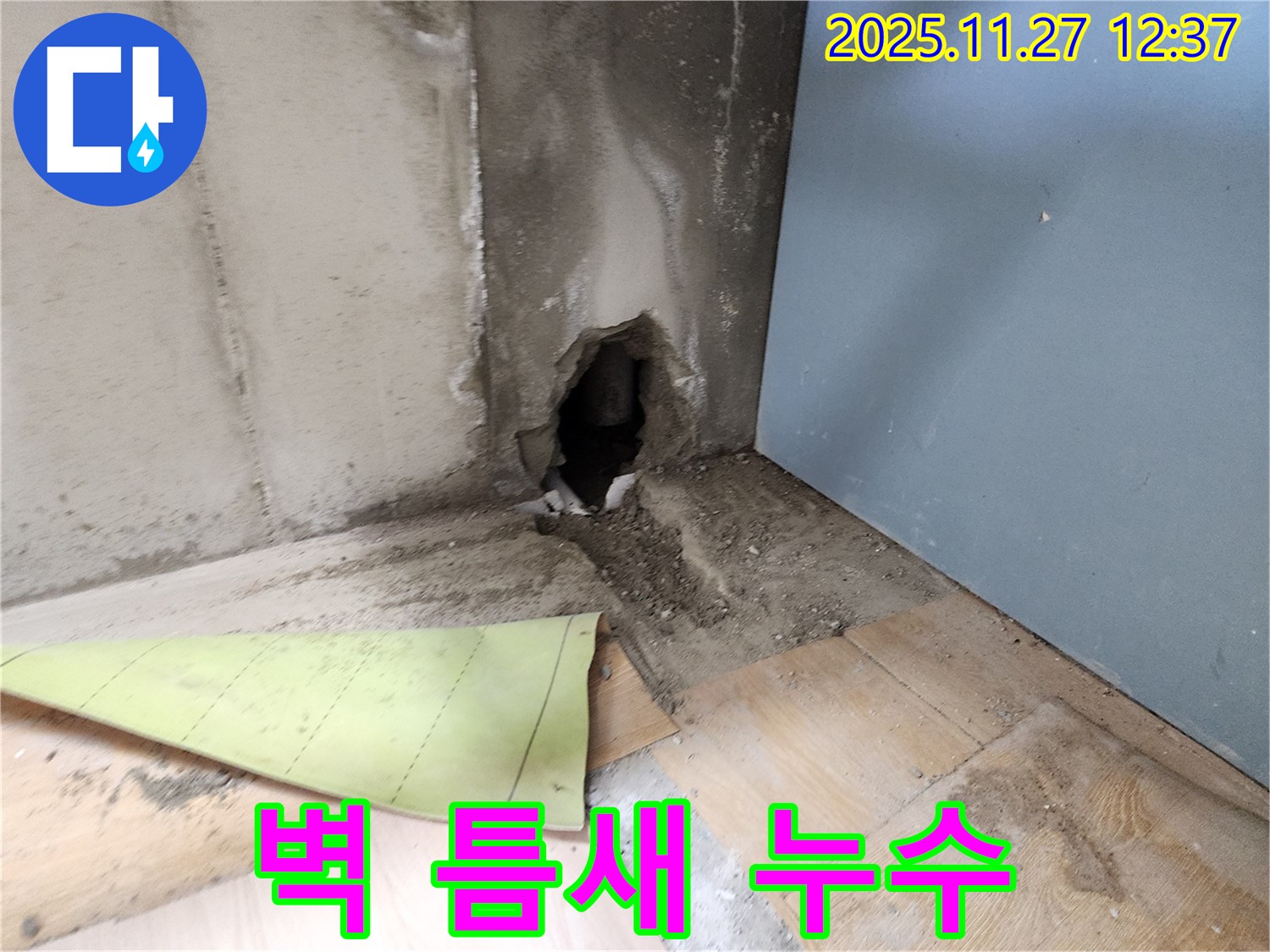 벽 틈새에서 시작된 누수 - 작은 틈새를 통해 물이 새어 나와 주변을 오염시키고 있습니다.