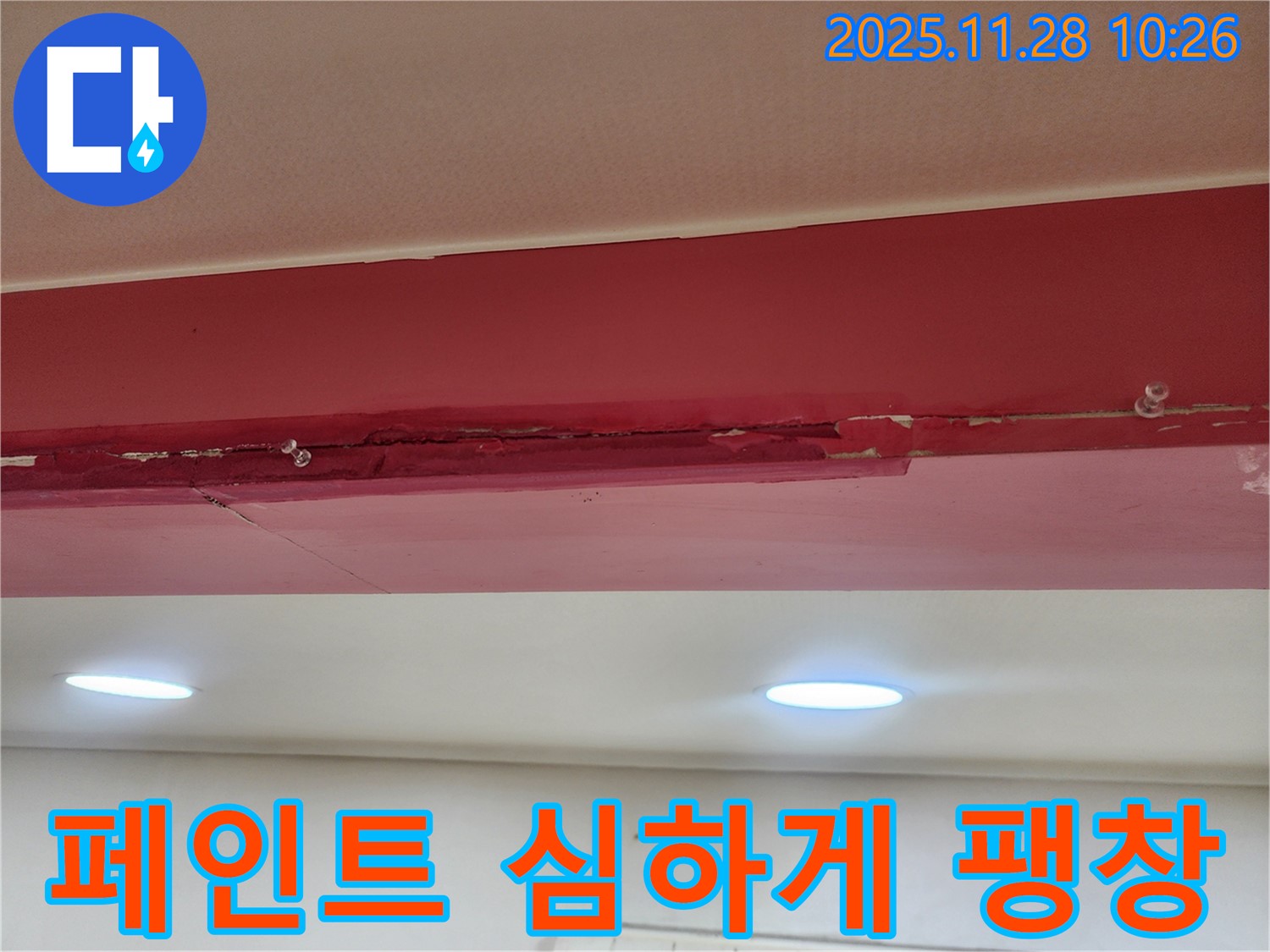 붉은색 천장 페인트 심하게 팽창 - 누수로 인해 페인트가 마치 풍선처럼 부풀어 올라 곧 터질 듯한 모습입니다.