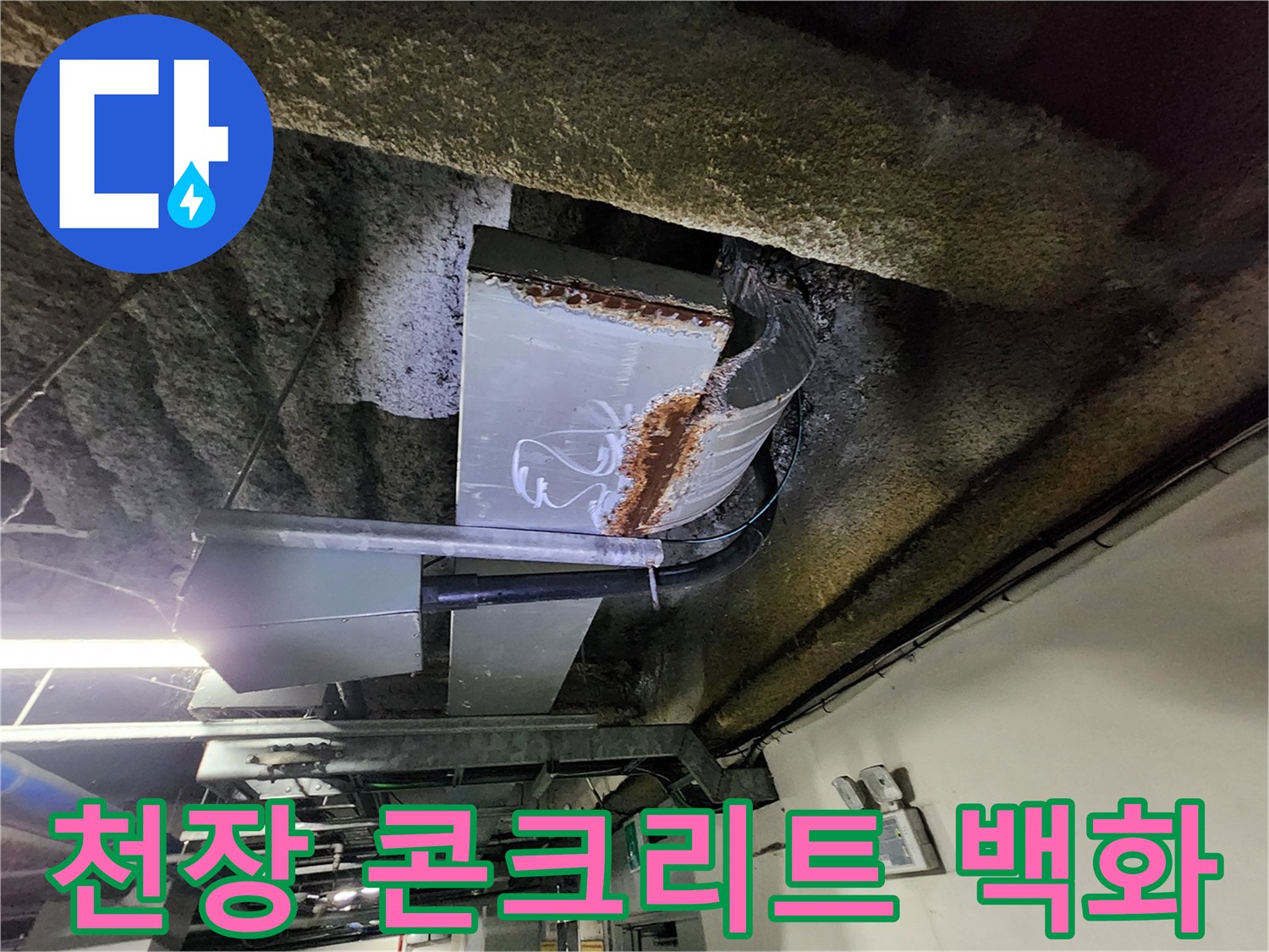 콘크리트 표면에 발생한 하얀 백화 현상과 배관 주변의 습윤 상태