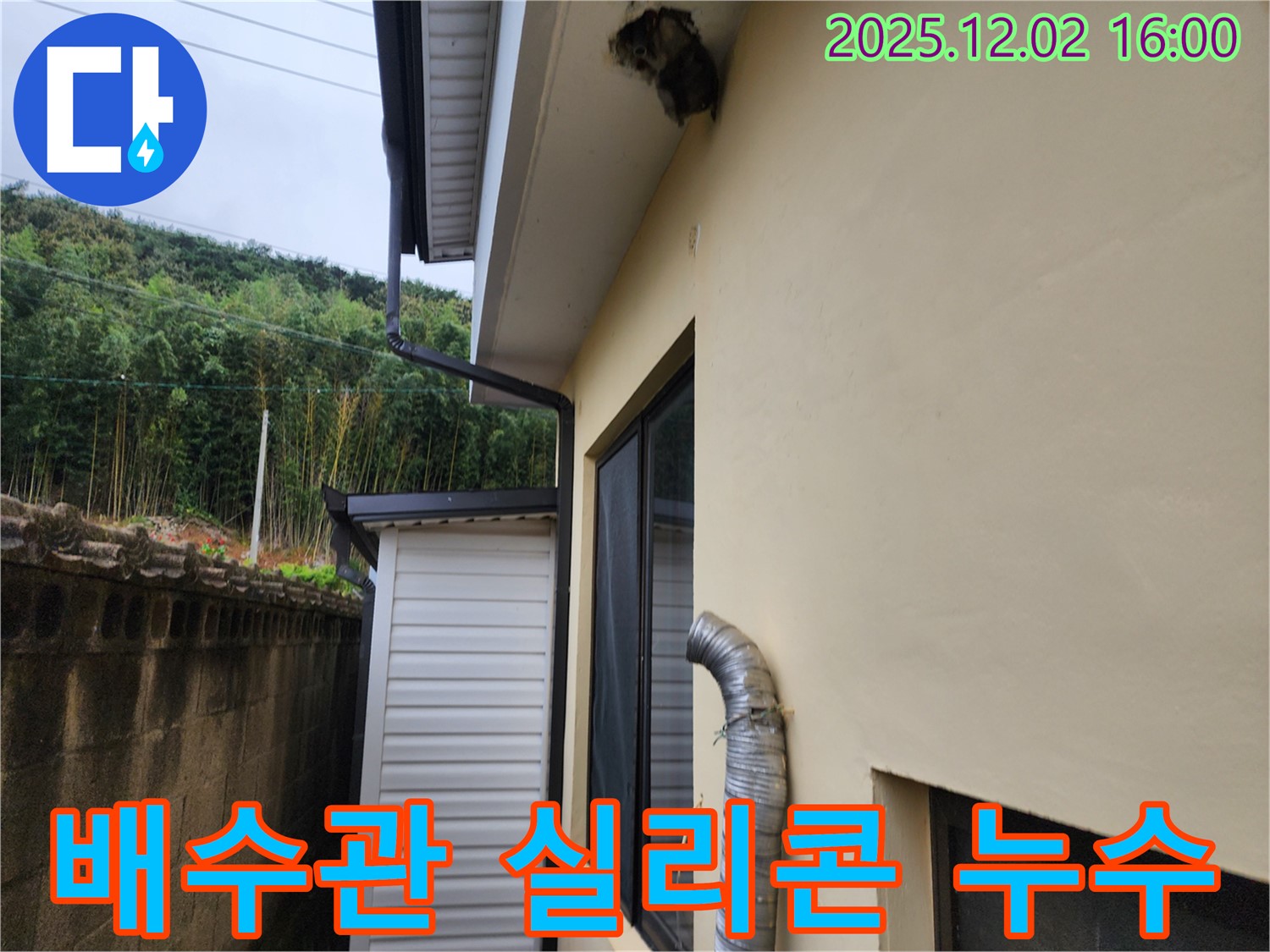 포천시 일동면 주택 외벽 배수관 연결 부위 실리콘 손상으로 누수 발생 - 실리콘 재시공 및 방수 처리로 해결