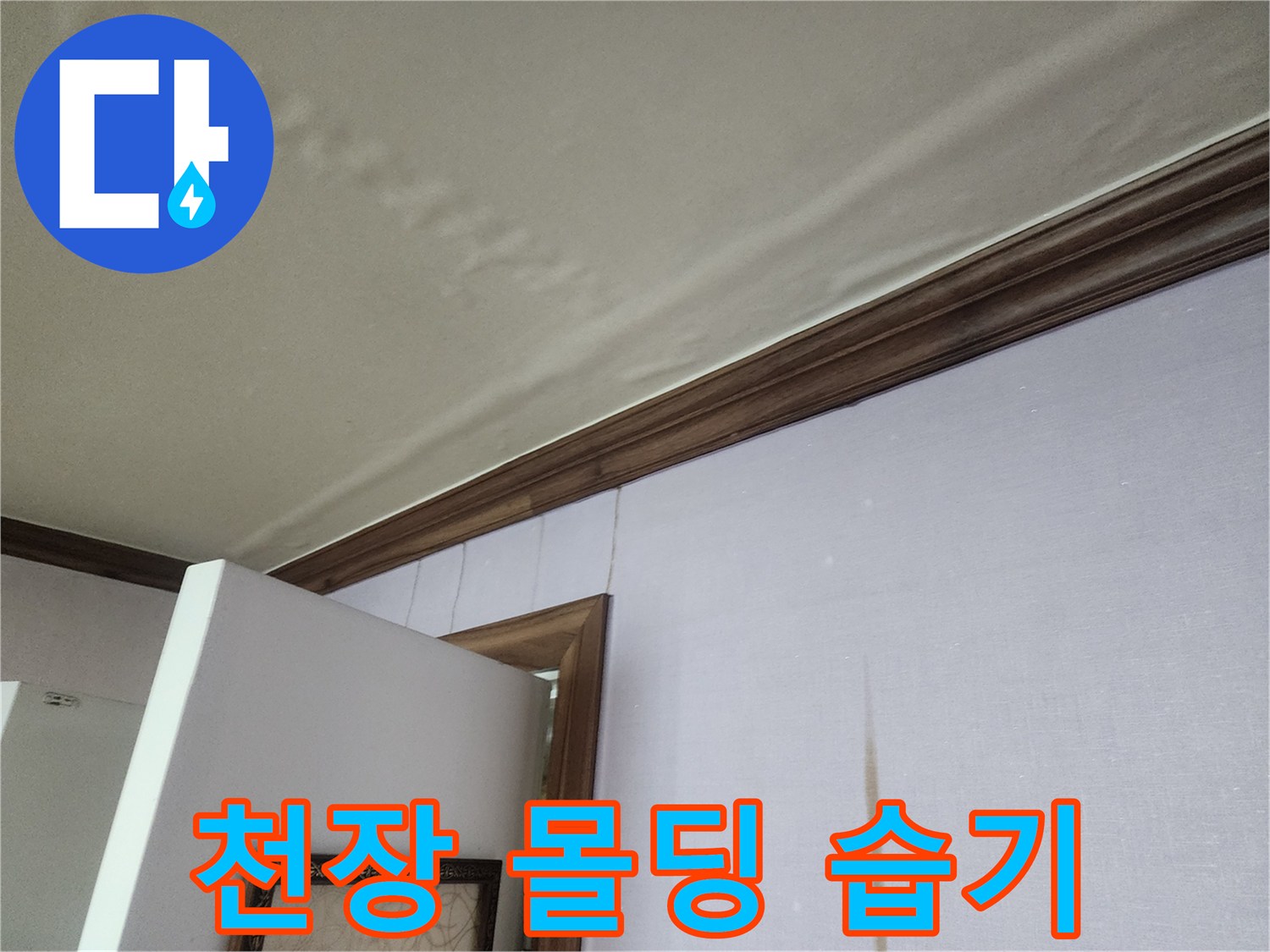 천장 몰딩과 벽면 경계의 눅눅한 얼룩 및 변색된 벽지 모습