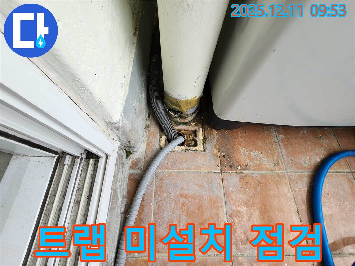 세탁기 배수구 주변 배수 트랩 미설치 - 악취 점검 및 설치 필요