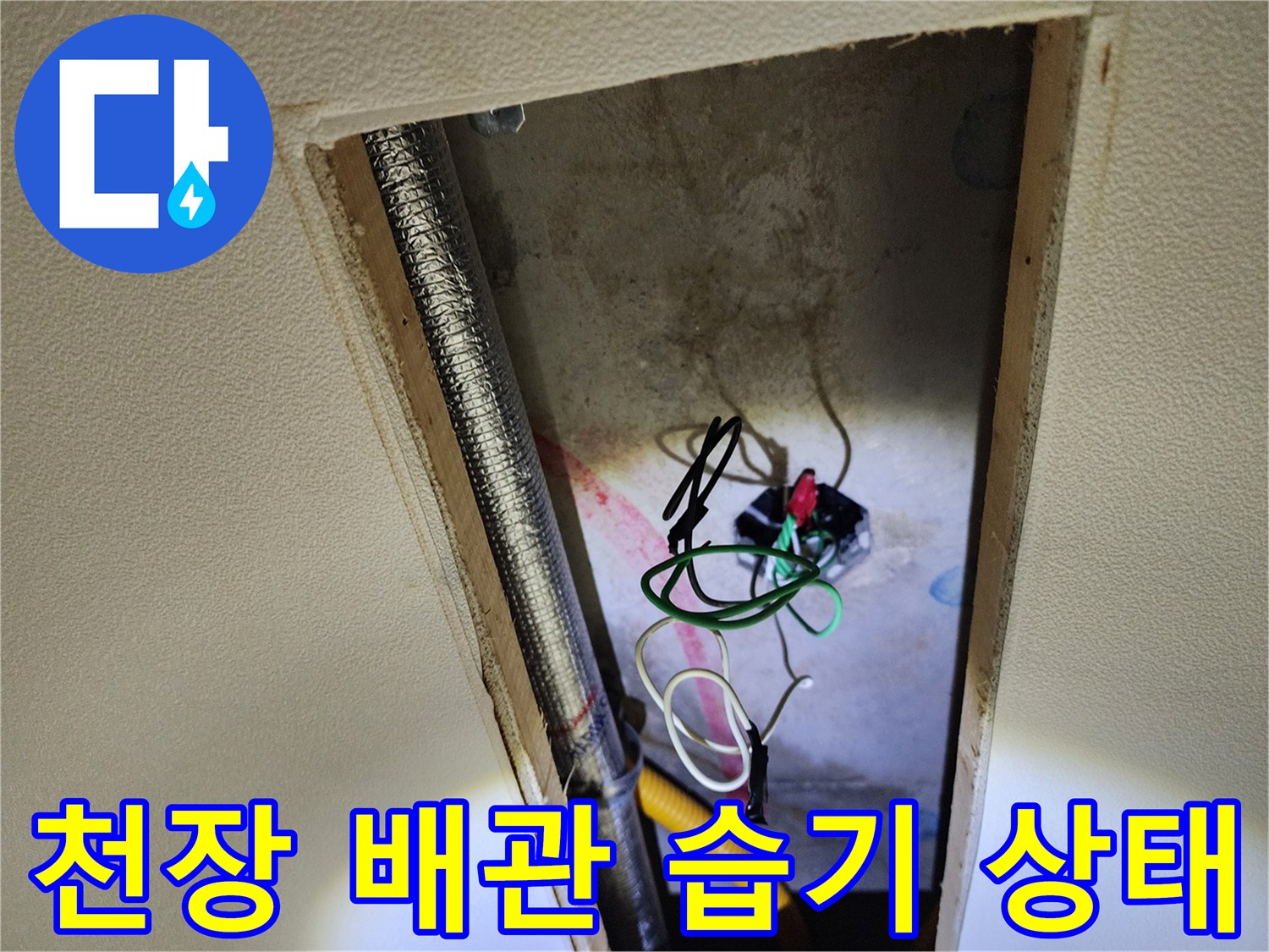 점검구 안쪽에서 촬영한-습기가 있는 배관과 전기선 뭉치