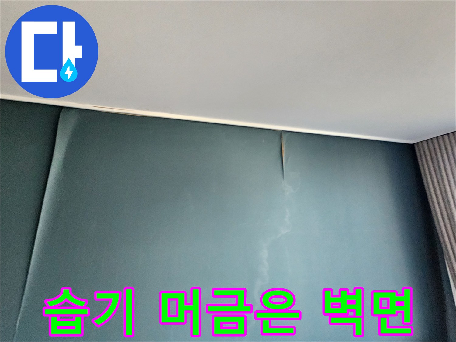 물기로 젖어 어두워진 벽지 부위 - 누수 의심 지점