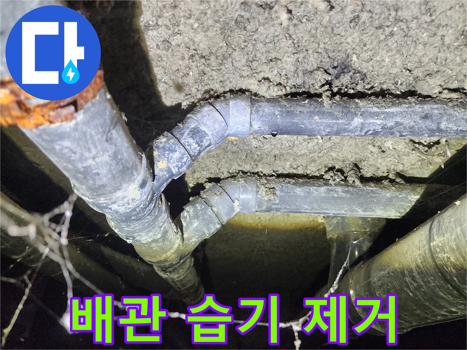 성북구 보문동 아남아파트 지하실 천장 배관 주변 누수로 인한 습기 제거 작업