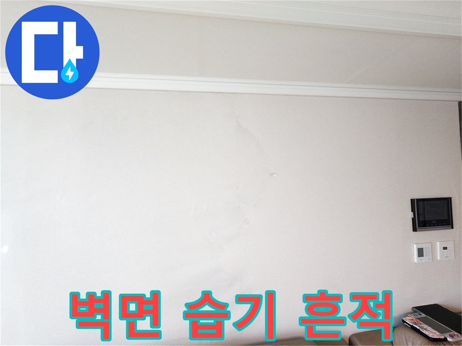 벽지 곳곳에 나타난 물자국과 얼룩 상태를 보여주는 사진