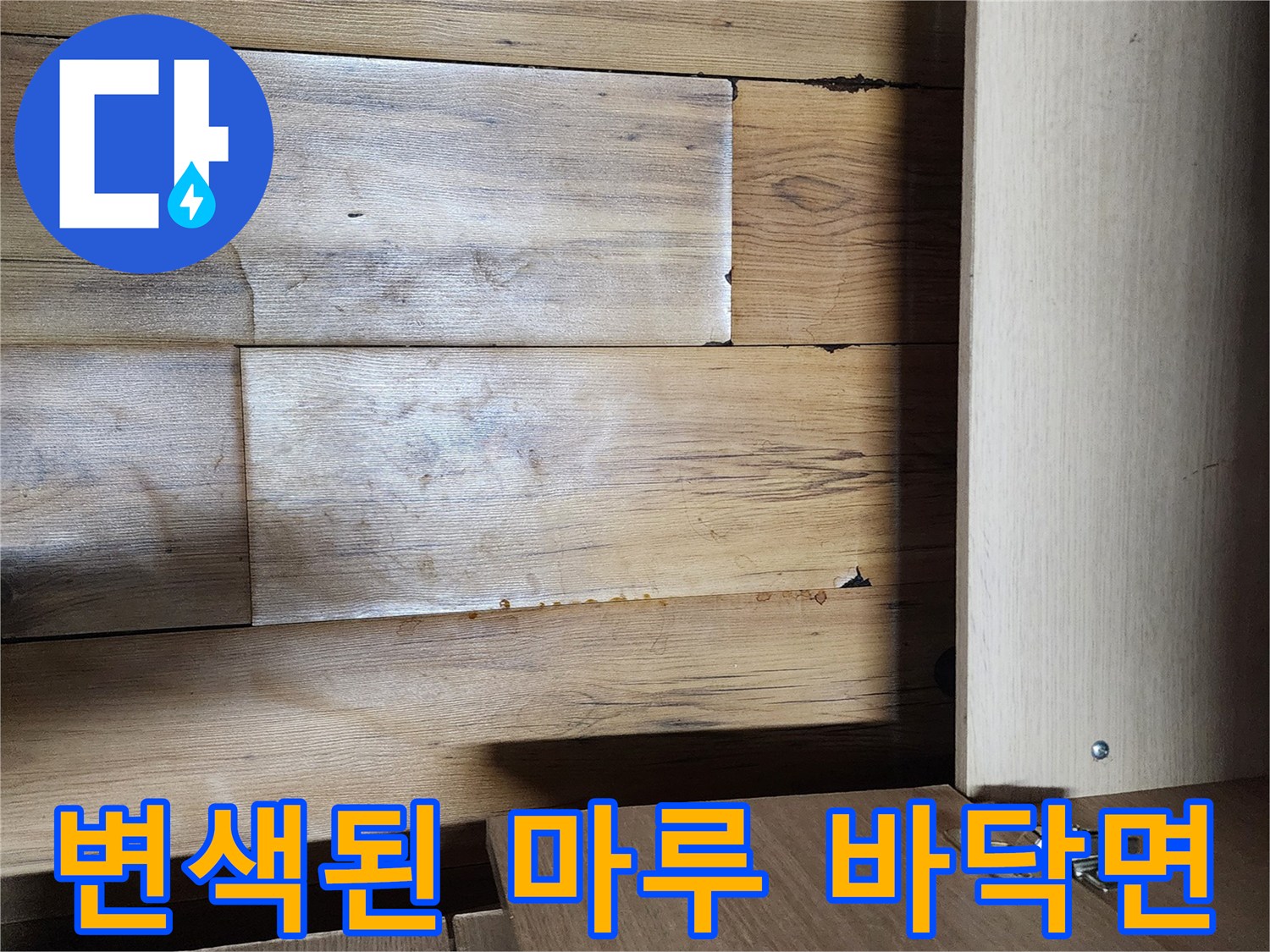 싱크대 하부장 안쪽의 물에 젖은 나무 마루 사진