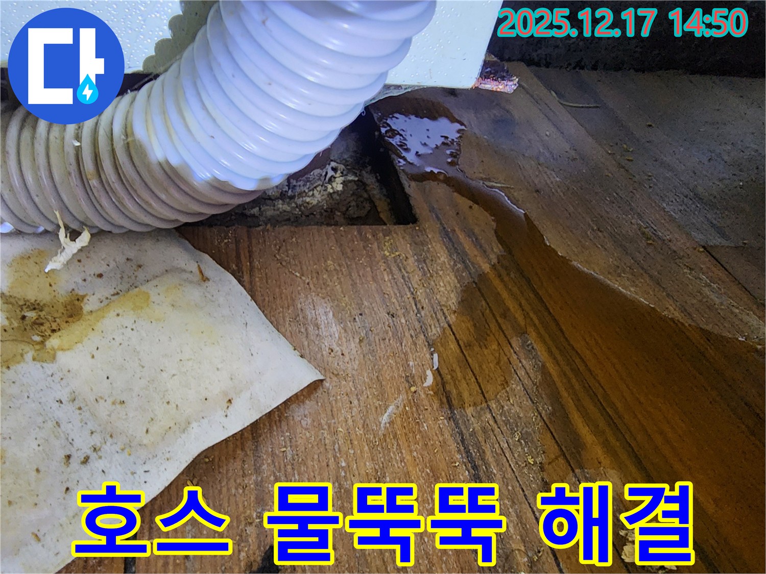 포천 영북면 대회리 누수 - 싱크대 배수 호스에서 물이 뚝뚝 떨어지는 누수를 빠르게 해결 완료한 모습입니다.