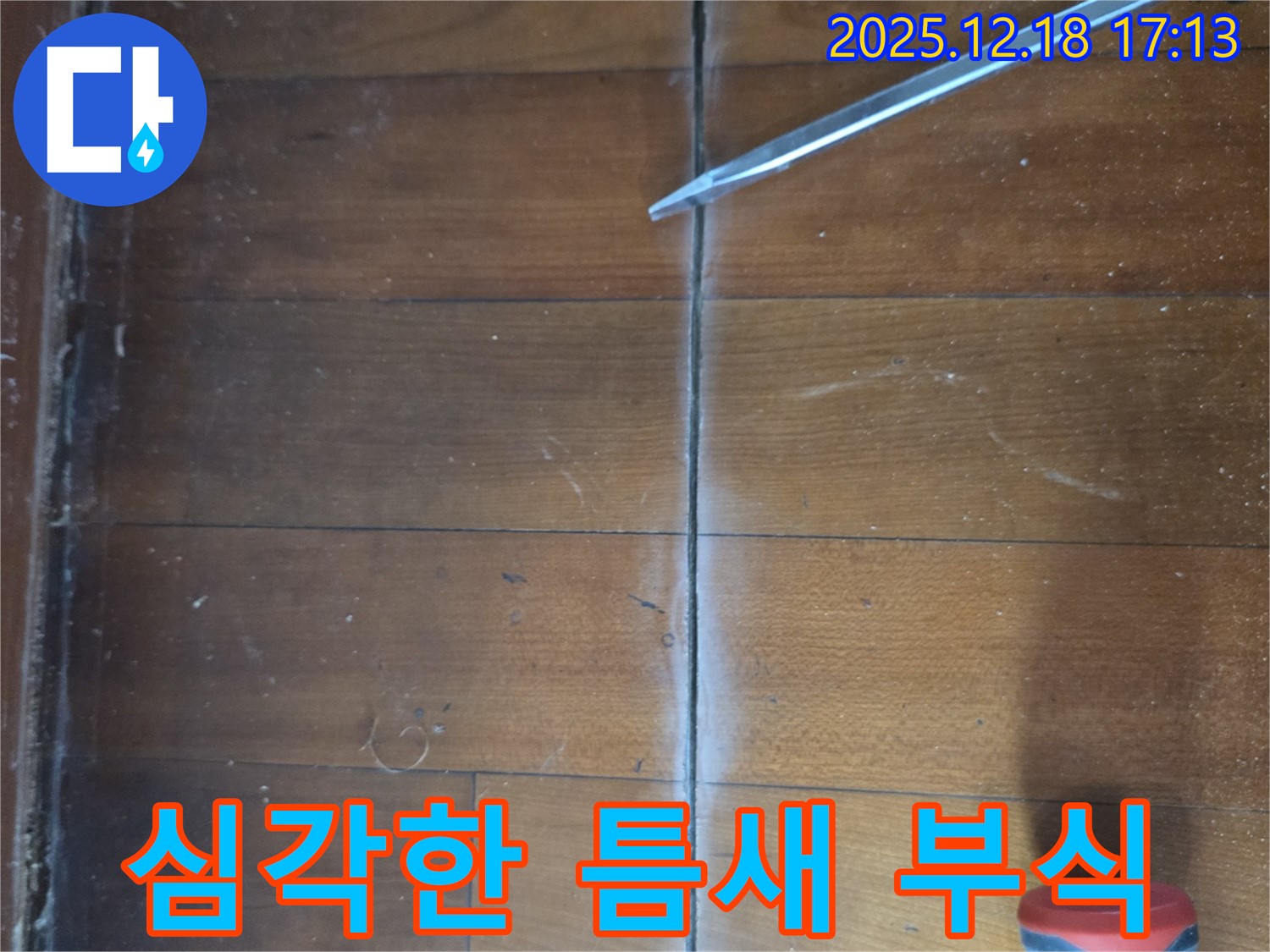 마루 틈새 심각한 부식 - 틈새 주변 마루가 심하게 썩어 파손되어 붕괴 위험이 있는 상태 - 장기간 누수 방치