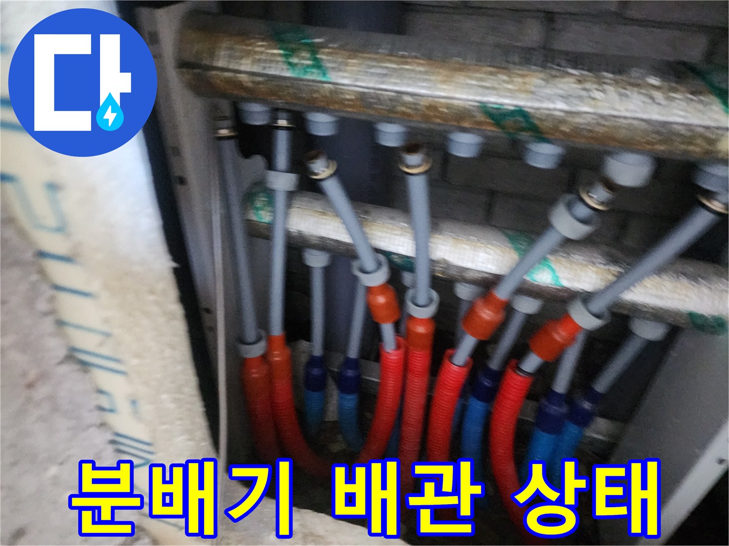 양주 삼숭동 아파트 분배기 내부의 빨간색과 파란색 이중관 연결 부위 모습