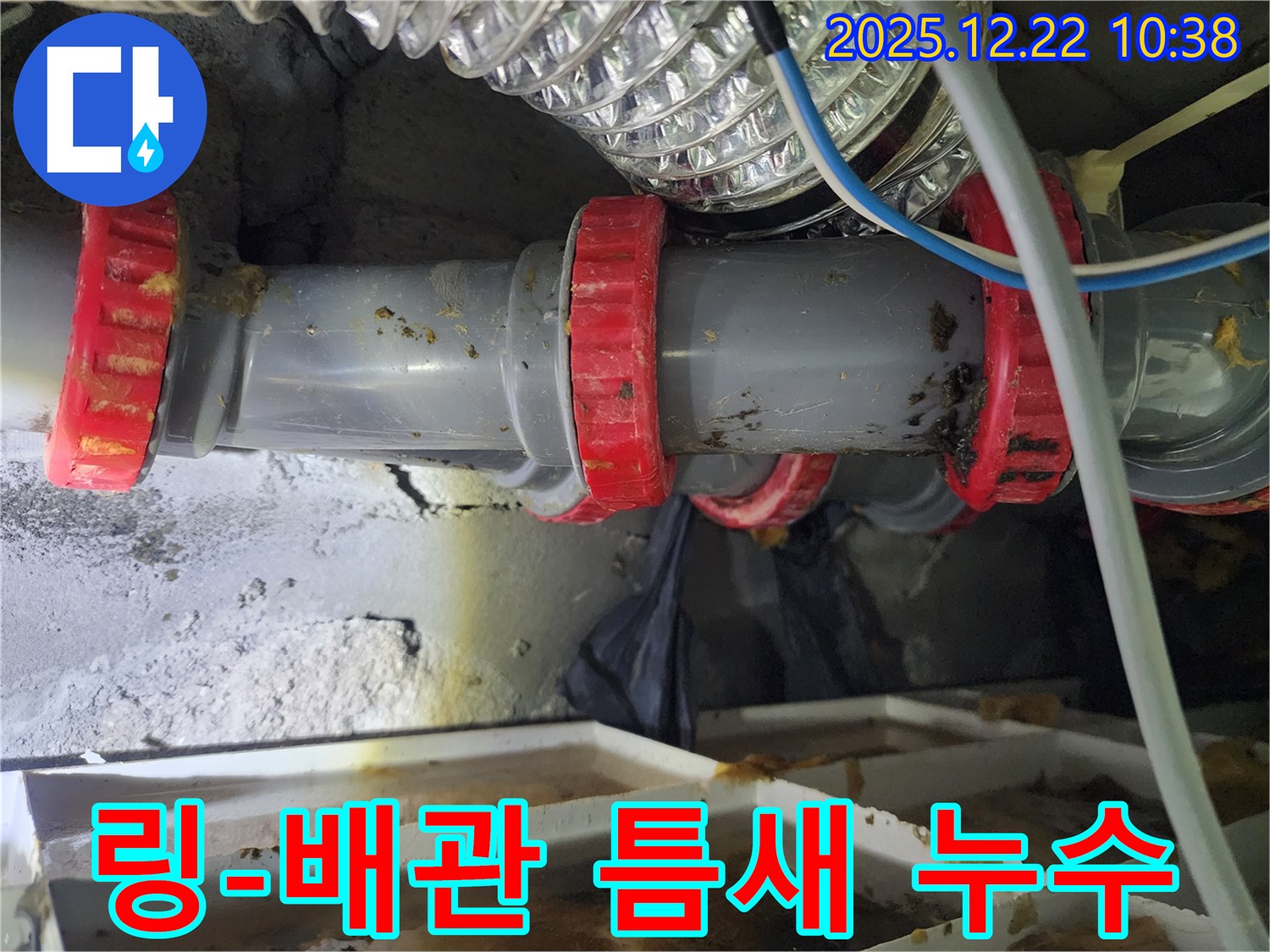 월계2동 PVC 배관 연결부 고정 링과 배관 사이 틈새 발생 누수 - 누수탐지 전문가가 신속하게 방문하여 틈새를 메워 해결했습니다.