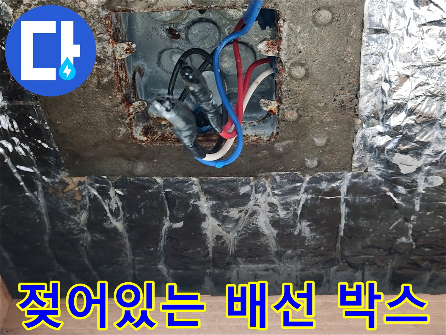 습기로 인해 변색된 천장 마감재와 전선 연결 부위