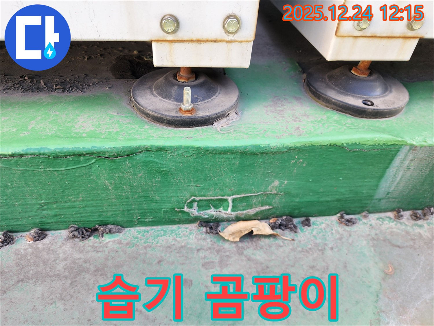 노원구 누수 - 장비 받침대 주변에서 습기와 곰팡이가 발생한 것을 확인하고 누수 원인을 찾고 있습니다.
