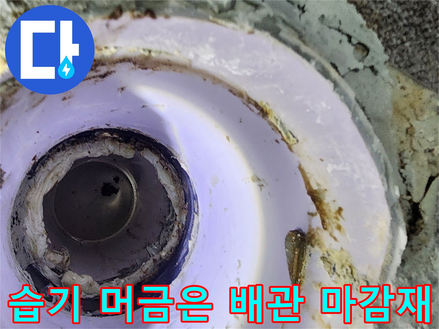 물기가 스며들어 얼룩진 배관 주변 마감 부위