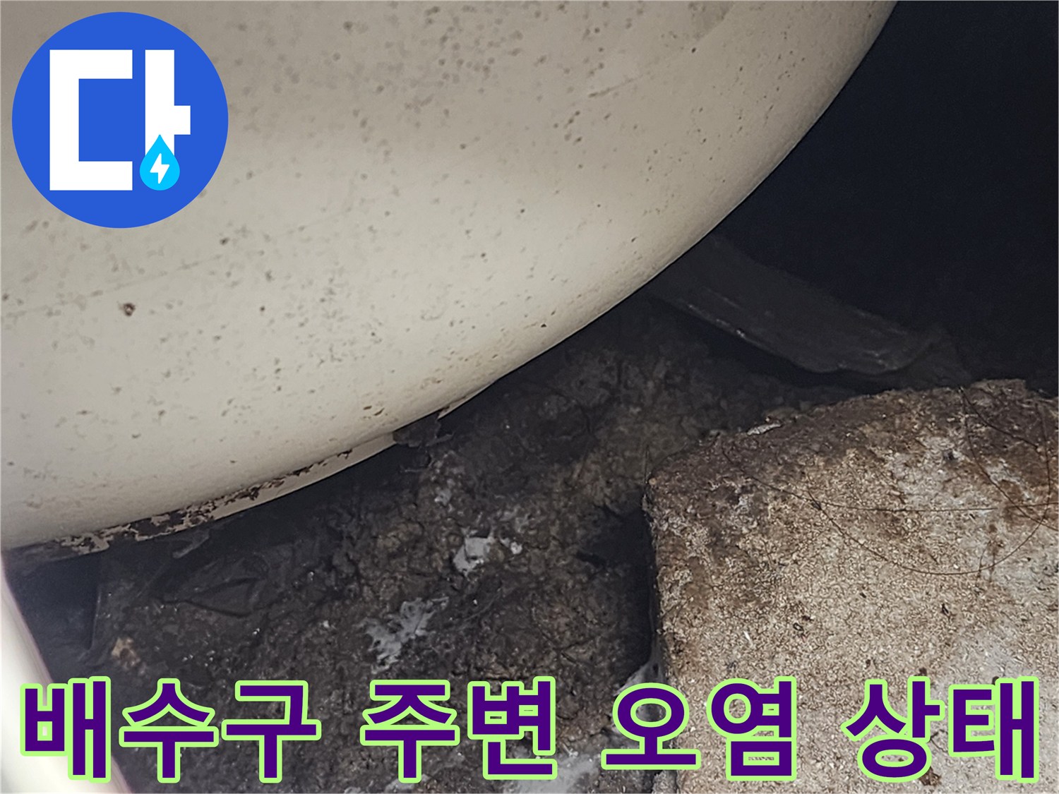 변기 밑 배관 틈새에 쌓인 이물질과 습한 바닥면