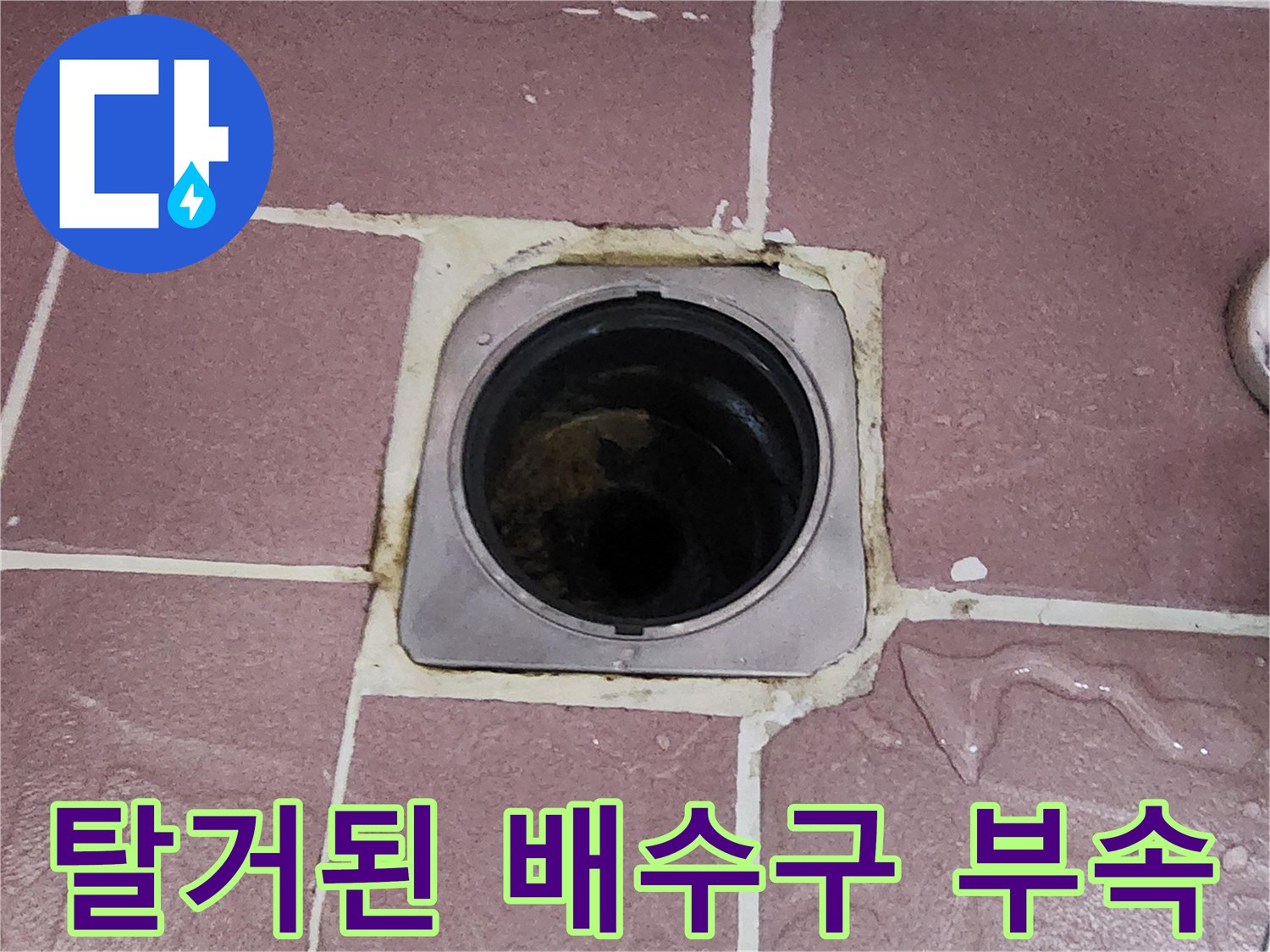 배수구 유가 탈거 후 드러난 하부 배관과 타일 사이