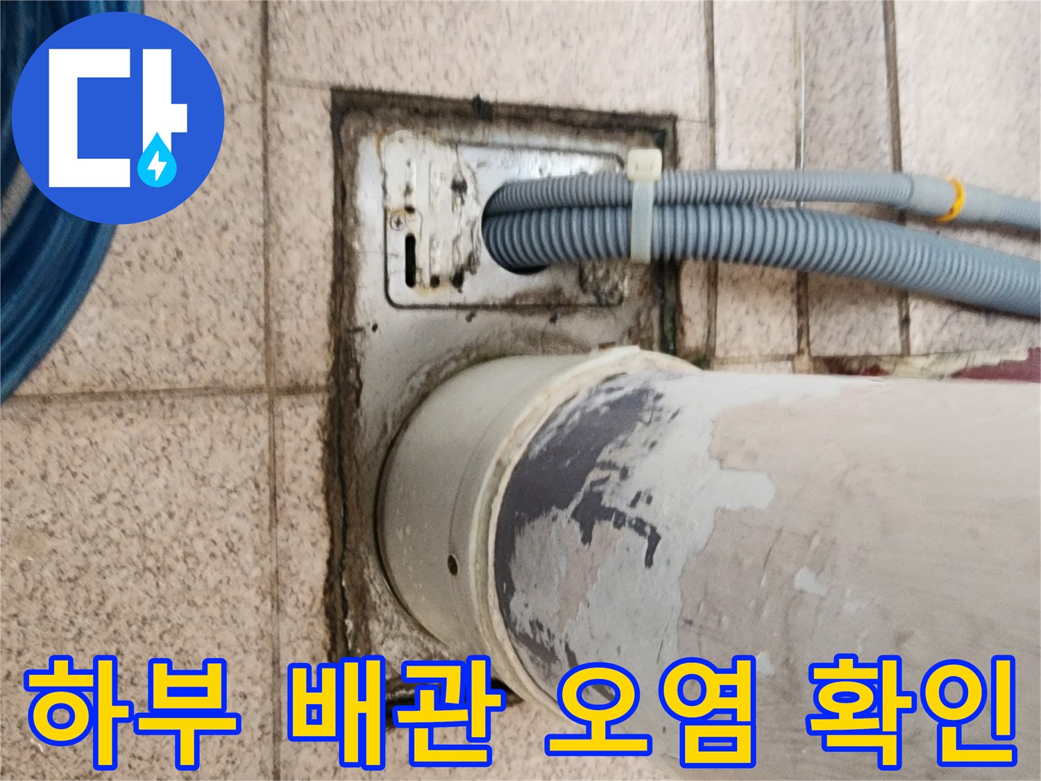 배수구와 연결된 굵은 배관 주변의 오염된 상태를 나타냅니다