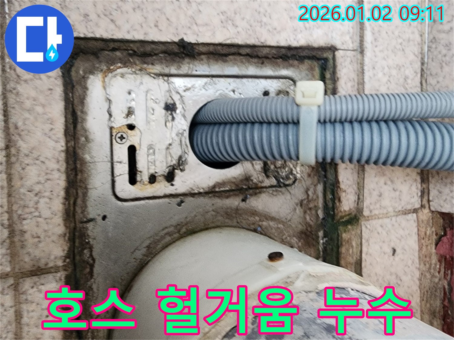 세탁기 배수구 주변 배수 호스 연결 부위 헐거움으로 인한 누수 - 노원구 상계9동 누수 전문가가 호스 재연결 및 고정 작업으로 해결했습니다.