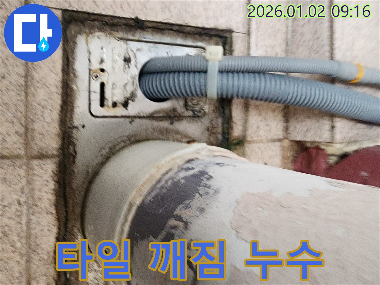 세탁기 하수구 주변 타일 깨짐 - 타일이 깨져 틈새가 생기고 누수가 발생하고 있습니다.
