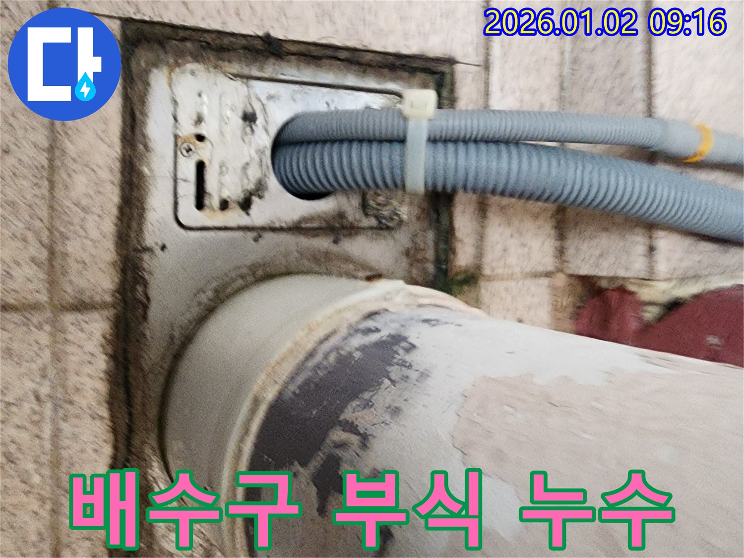 오래된 세탁기 배수구 부식 - 배수구 부식으로 인해 누수가 발생하고 있습니다. 부식된 배수구를 교체해야 합니다.