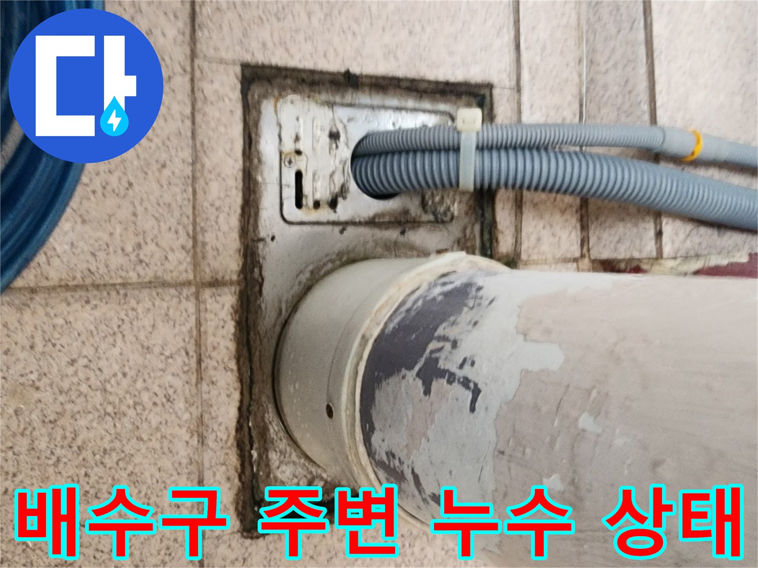 화장실 바닥 배수구 유가 주변의 방수층 균열과 배관 연결 부위 상태