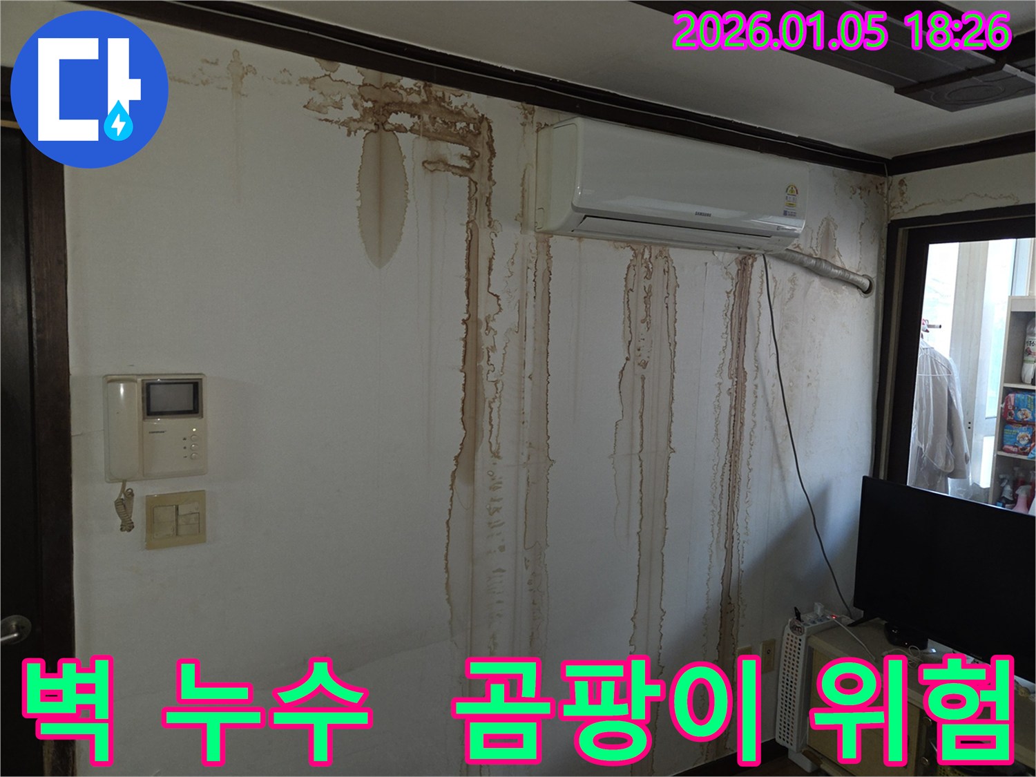 벽 누수로 인한 곰팡이 발생 위험 - 쾌적한 실내 환경을 위해 누수 해결이 시급합니다.