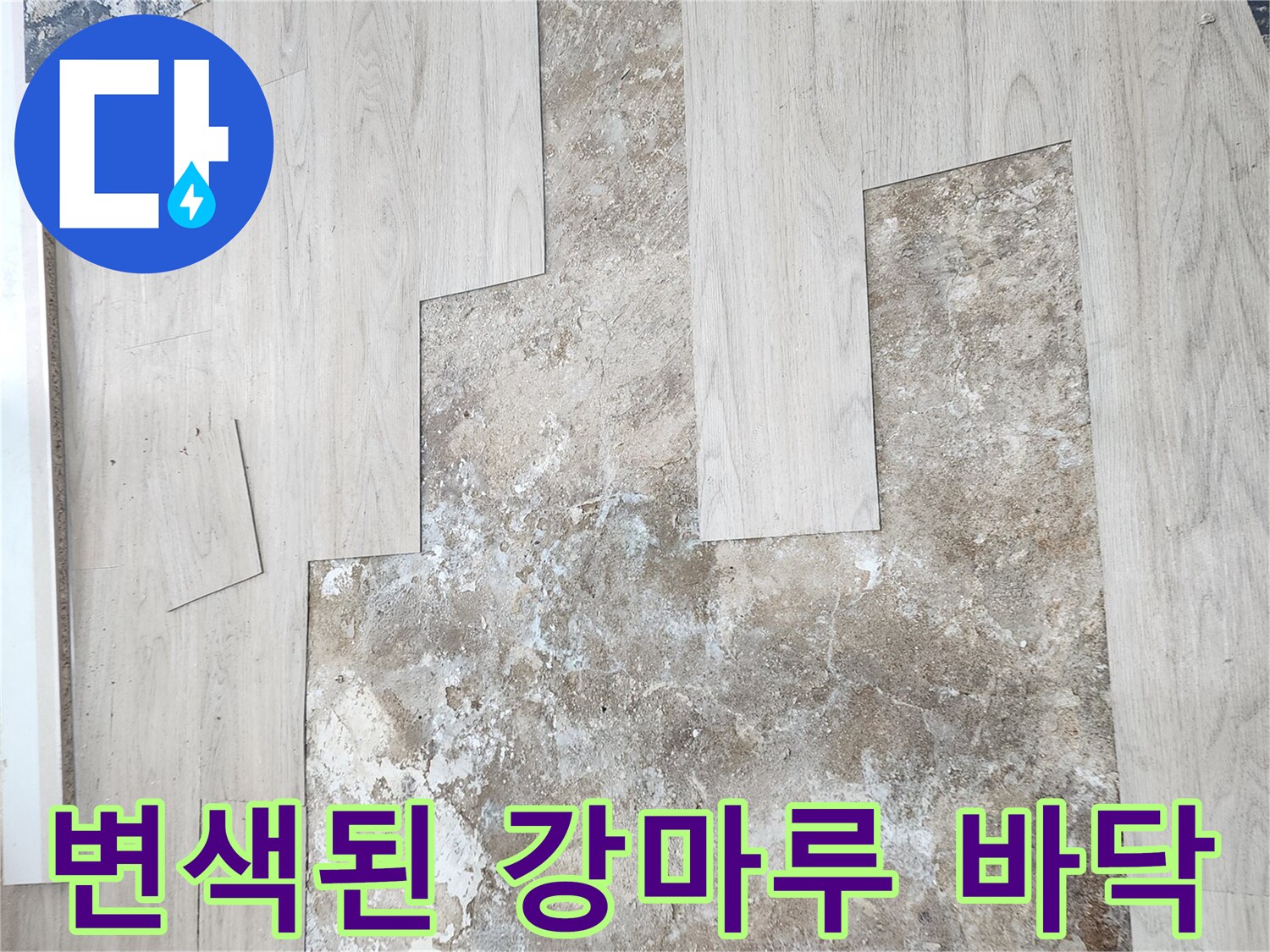 물이 스며들어-얼룩진 마루 자재 표면