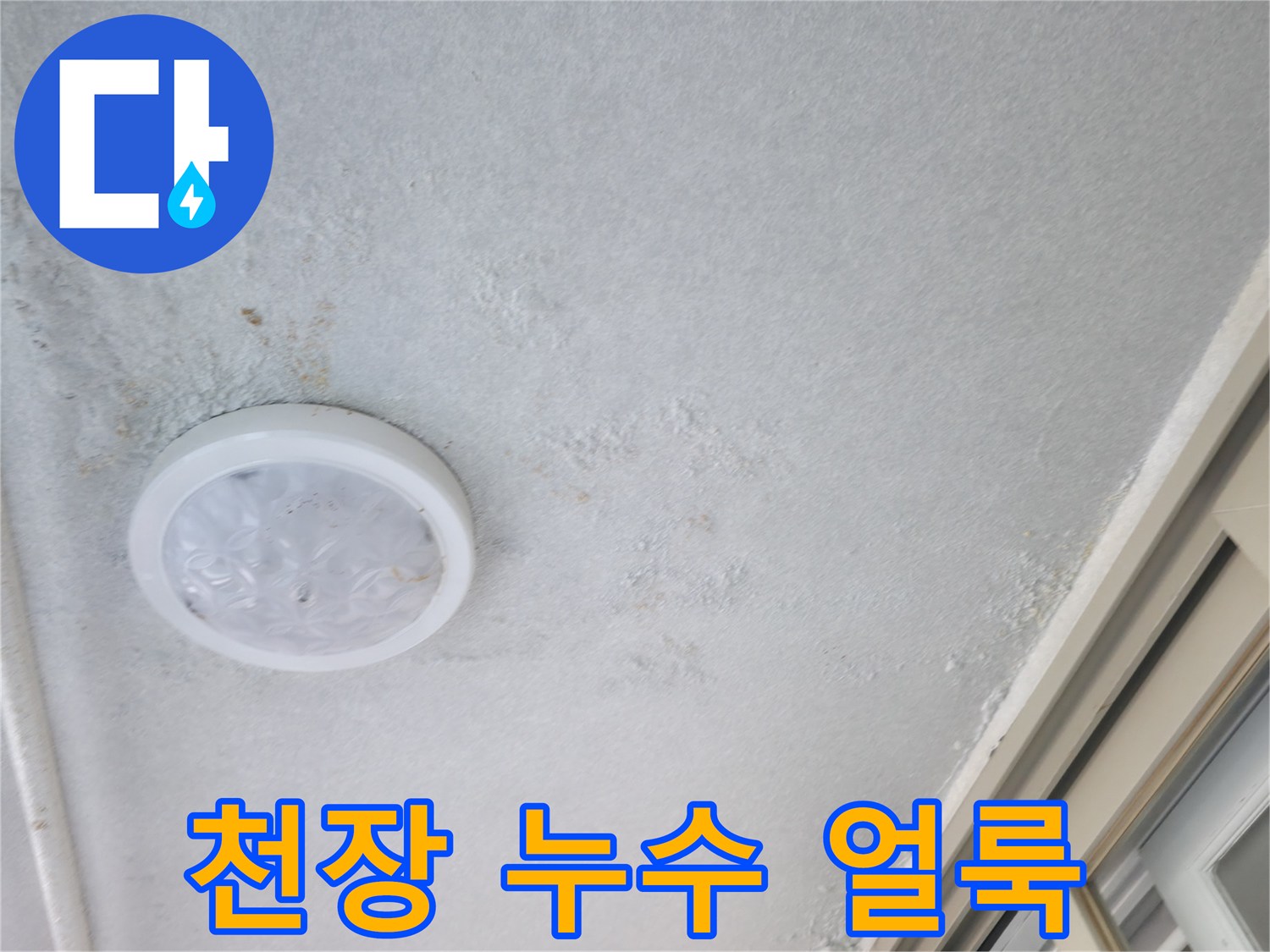 하얀색 천장재에 나타난 갈색 물자국과 습기 흔적
