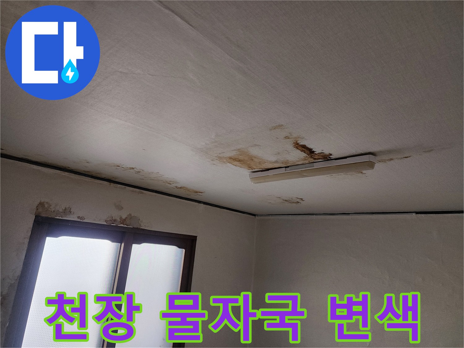 누수로 인해 갈색으로 변한 거실 천장 마감재 영역