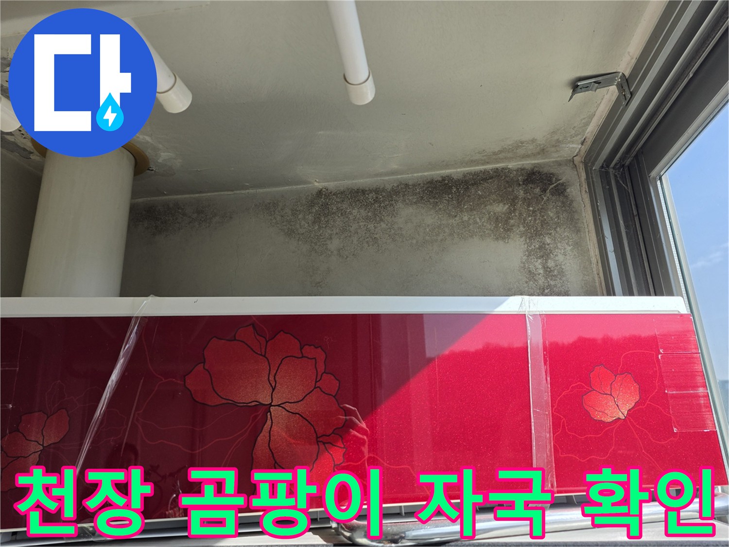 세탁실 천장과 벽면 사이-곰팡이가 발생한 누수 흔적