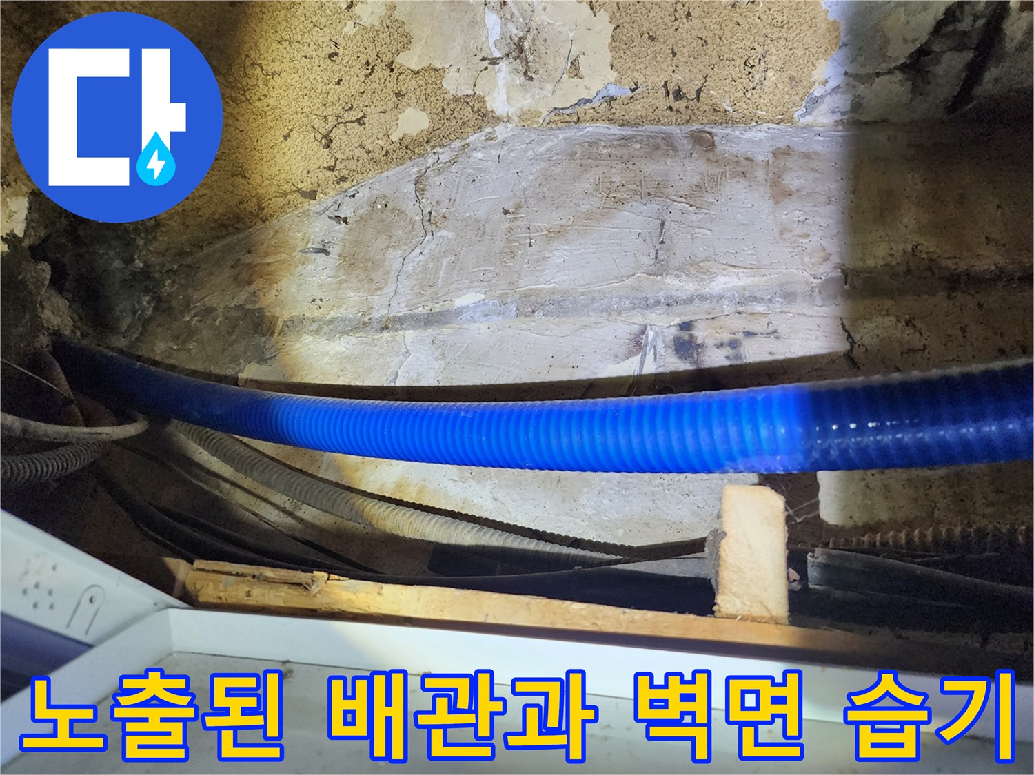 습기가-스며든-벽면-및-파란색-주름관-배관