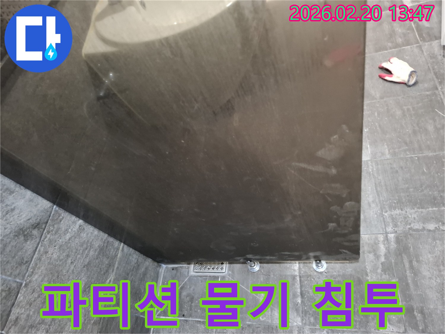 욕실 샤워 파티션 하단부와-바닥 타일 경계면에 물이 스며들어-젖어 있는 현상을 상세히 보여주는 사진