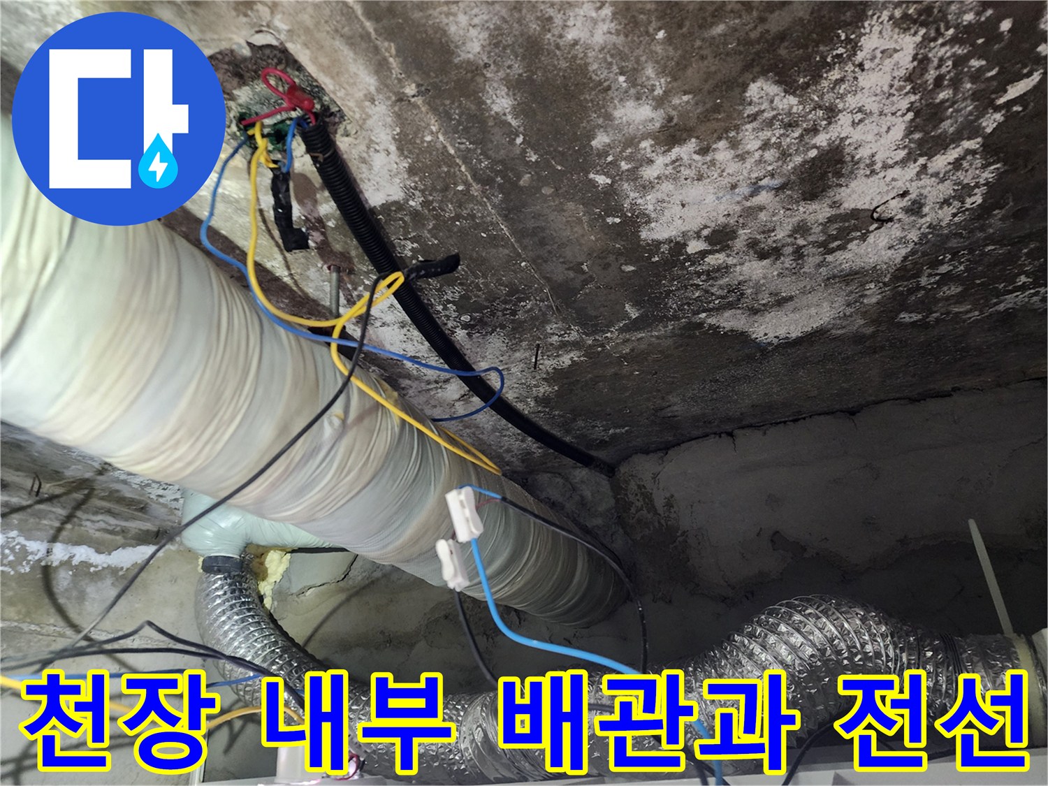 화장실 천장-배관 주변의 습한 상태와 복잡한 전선 연결 부위
