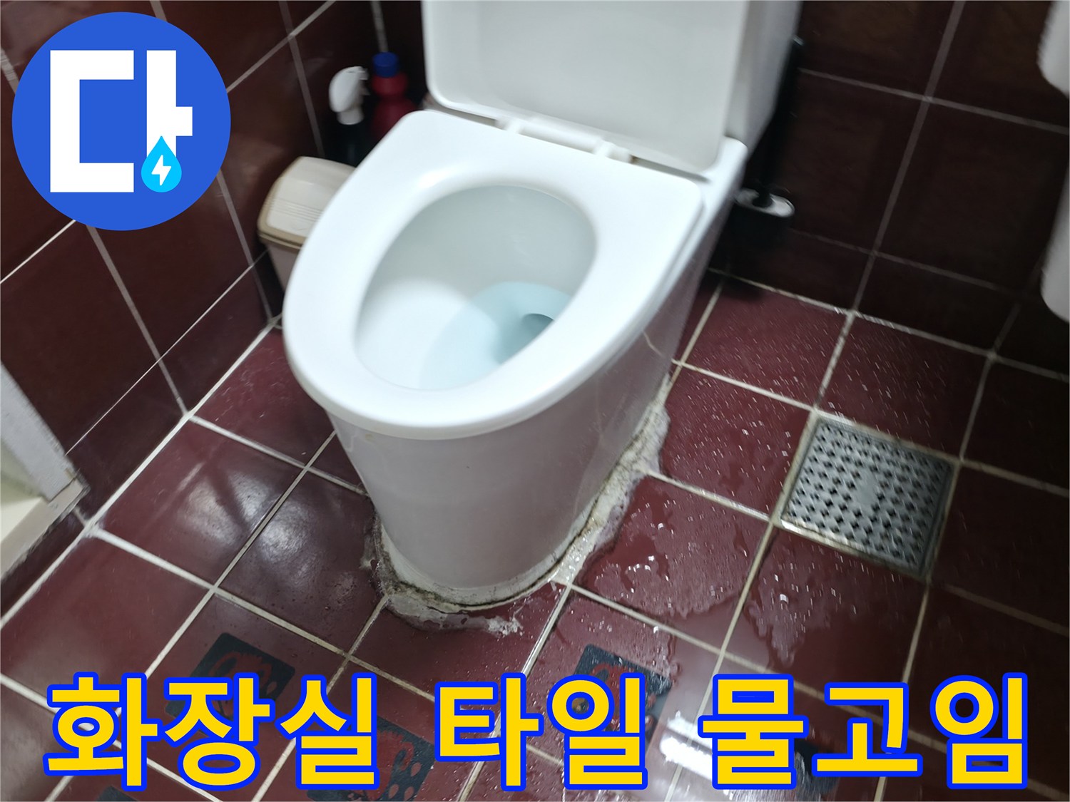 변기 주변과 배수구 근처 타일 틈새에 물이 고여 있는 현장 사진