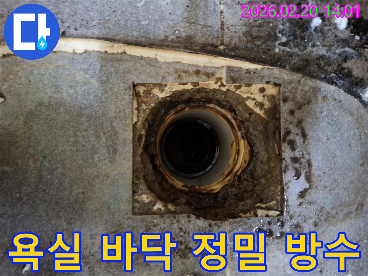 아파트 욕실 바닥의-오래된 배수구 주변에서-누수가 발생하여-정밀 방수 처리가 필요한 현장 사진