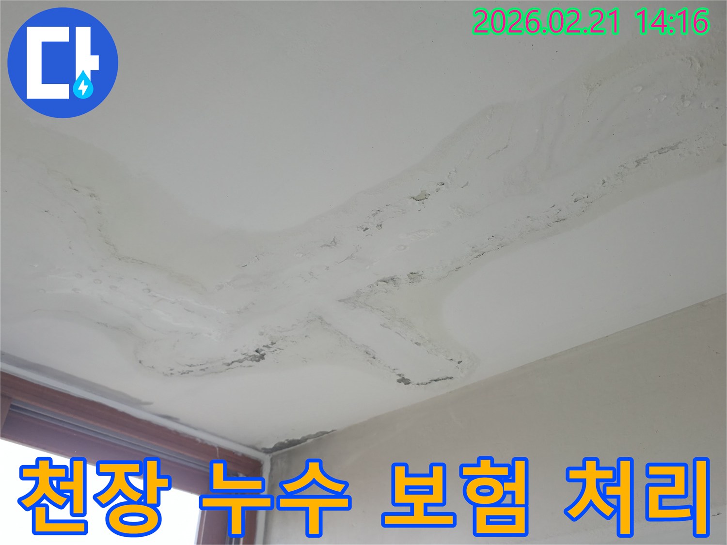 천장에 넓게 퍼진 물얼룩과 마감재 손상-보험 처리가 가능한 누수 피해 현장-정확한 진단으로 보험 처리를 돕는 전문가