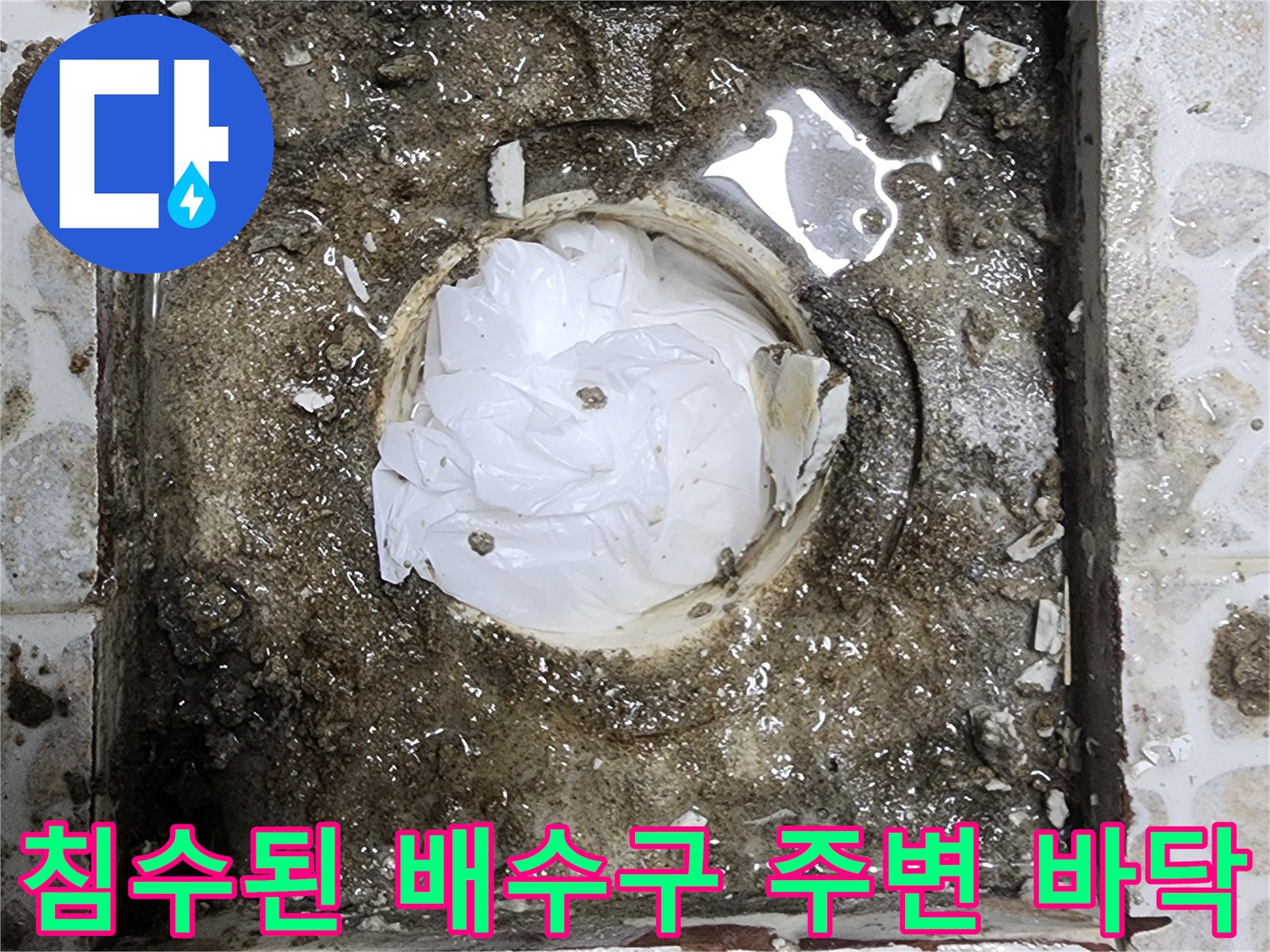 변기 탈거 후 드러난 젖은 배관 주변과 방수층 손상 부위