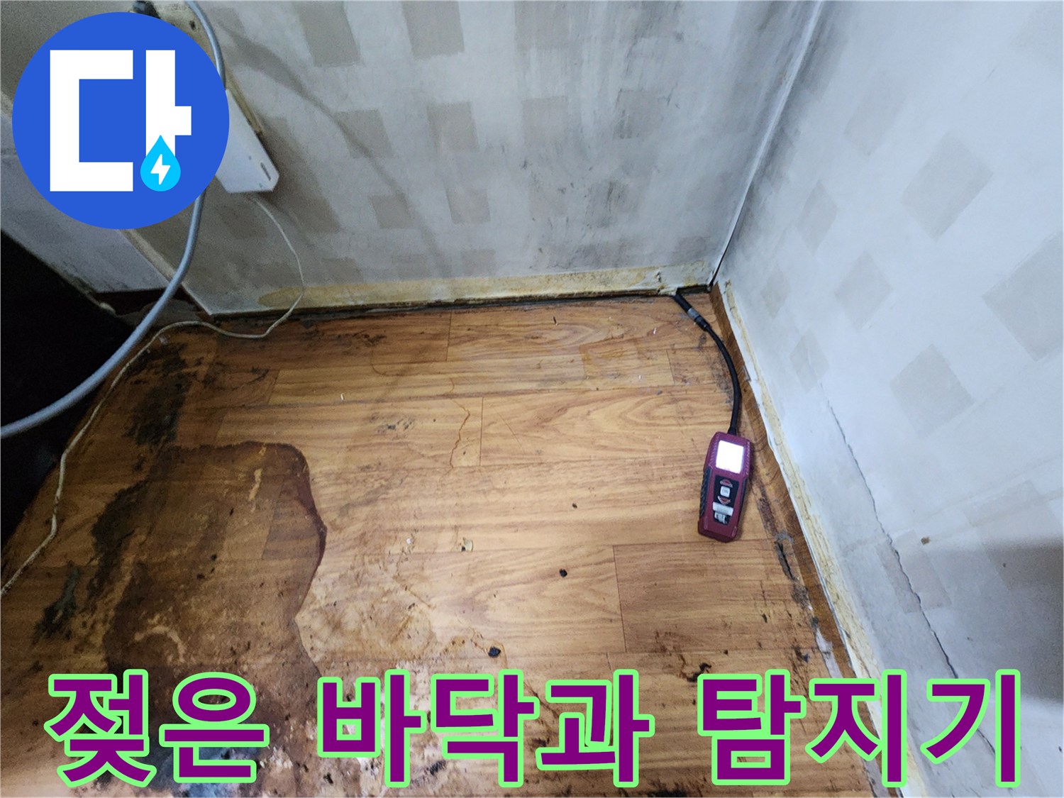 장곡동 현장-물에 젖어 변한 마루와 가스식 탐지 장비