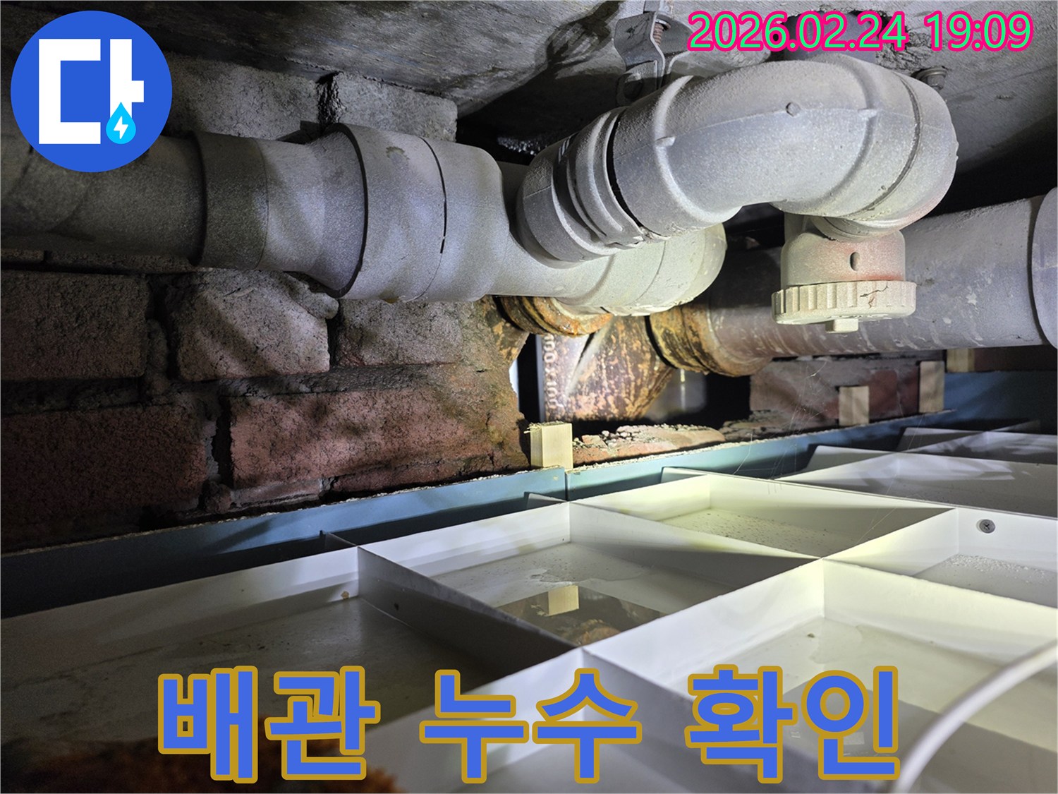 건물-하부의-오래된-배관에서-누수가-발생하여-물이-고이는-현장을-촬영한-이미지