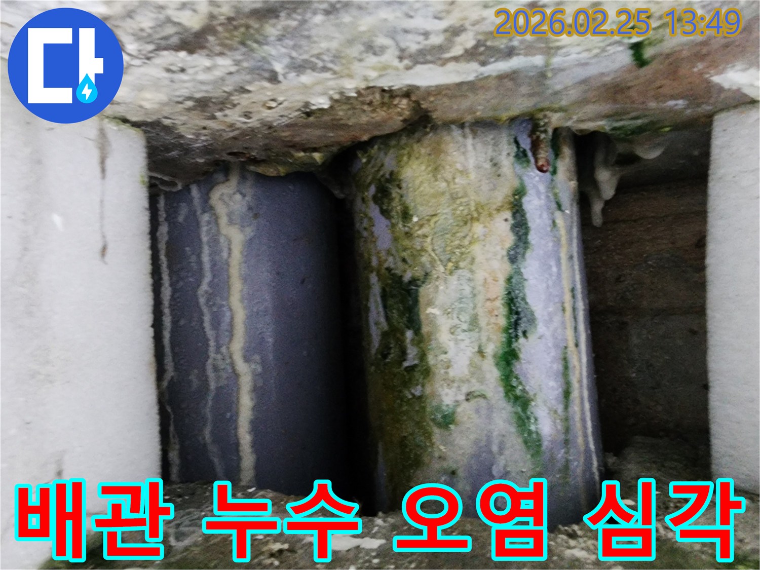 오래된 배관에서-심각한 누수가 발생하여-주변이 물때와 곰팡이로 뒤덮인 모습