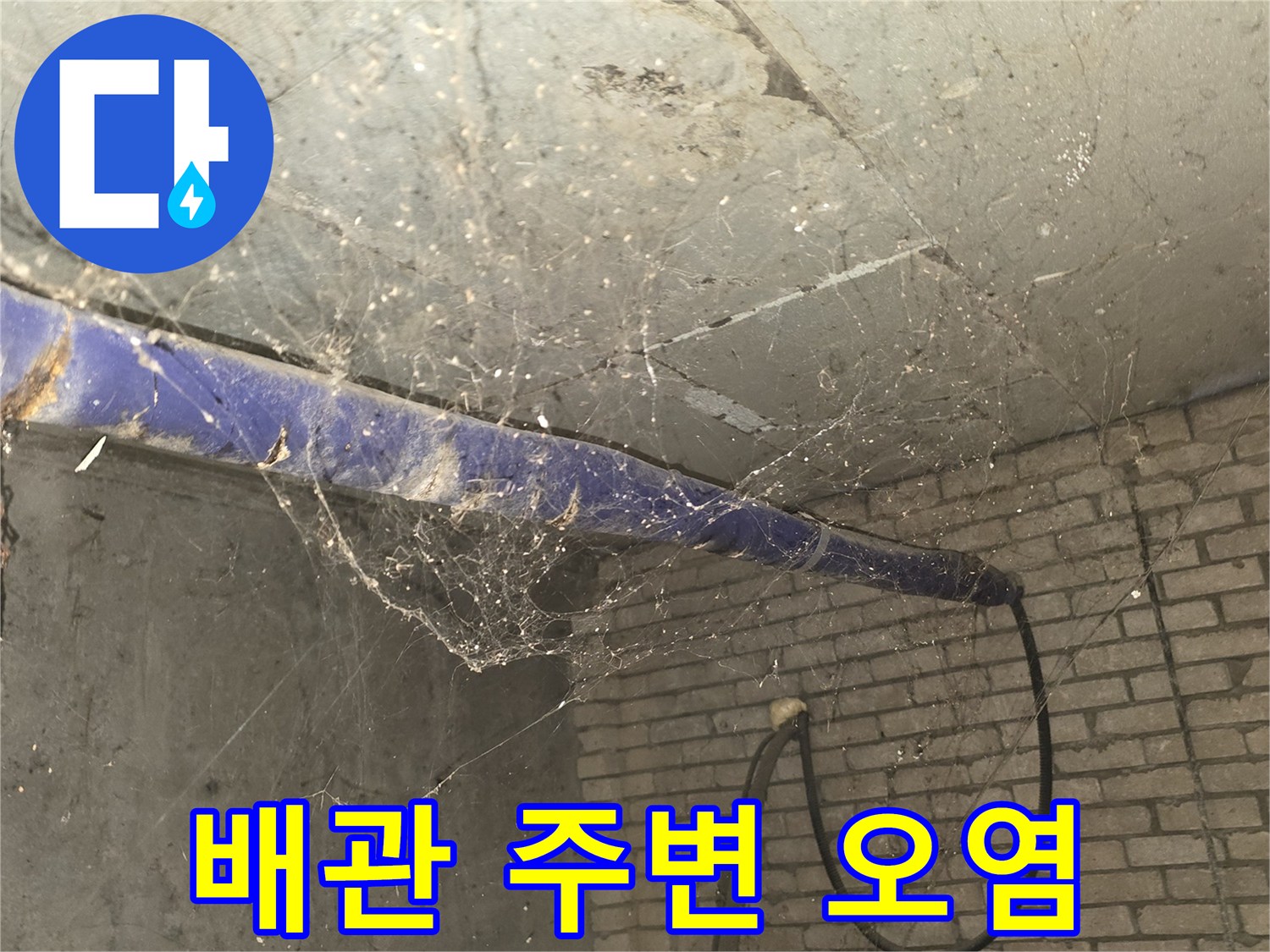 누수로-인해-변색된-천장과-배관-보온재