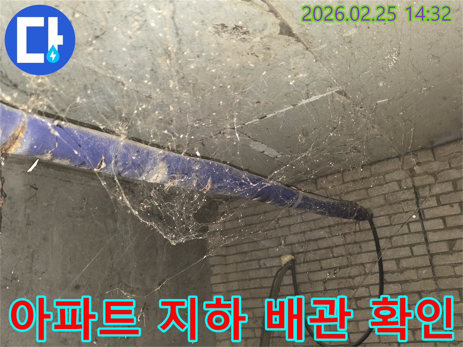 서울 강동구 진황도로 인근 아파트-지하 천장 배관 주변에-거미줄이 가득한-누수 흔적 확인 전-현장 상황을 담은 사진입니다.