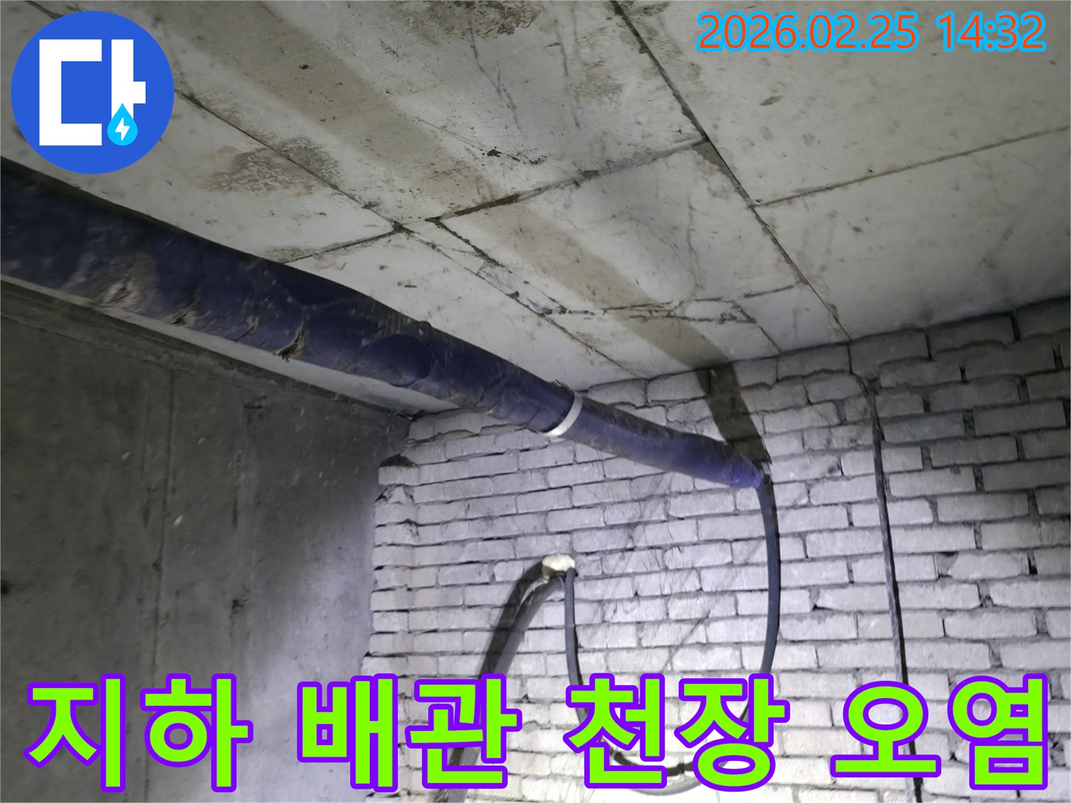 지하 배관 누수로 인해-천장에 발생한-오염과 변색 흔적을-전문가가 면밀히 살펴보는 모습