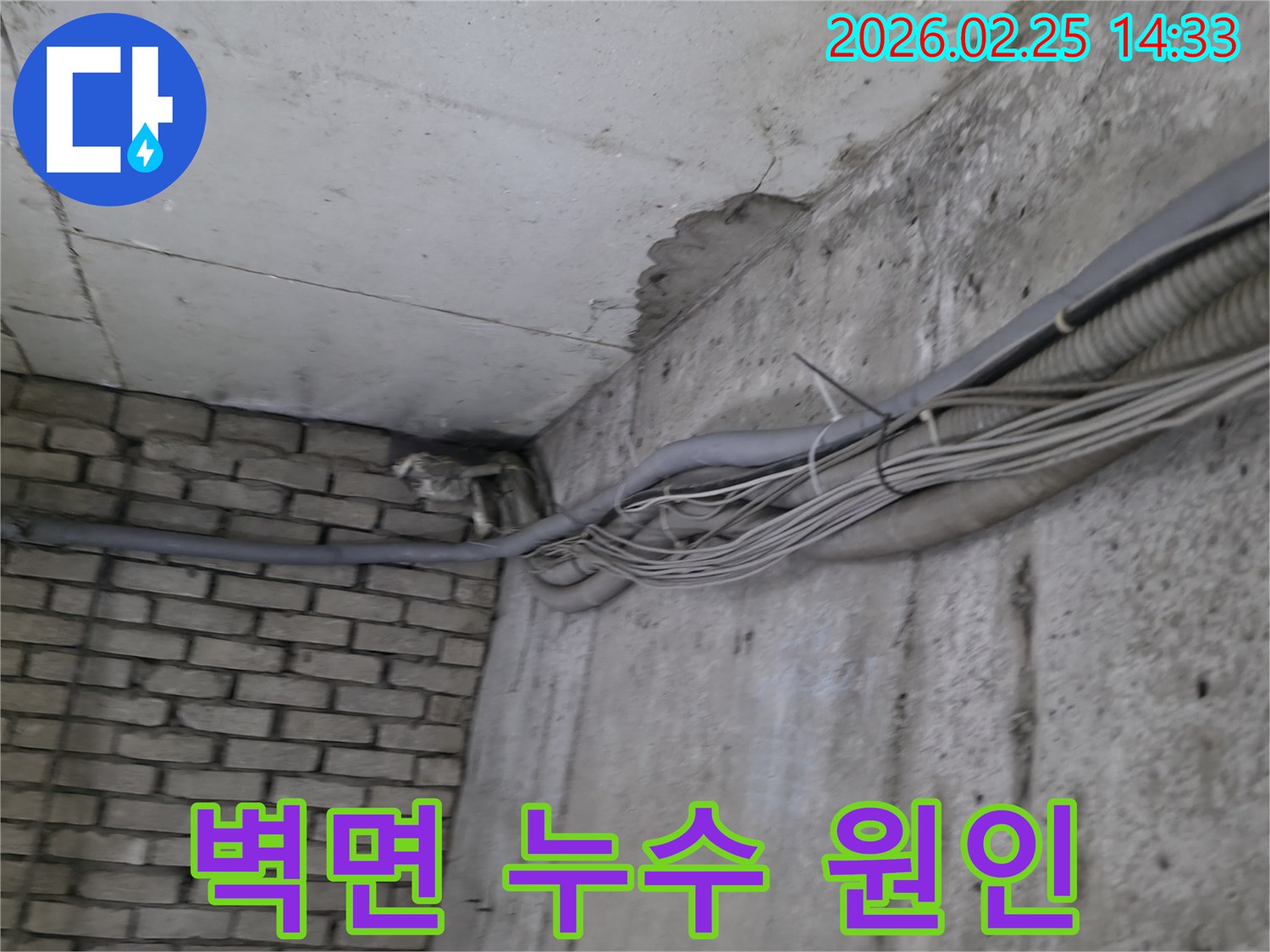 지하 벽면의-콘크리트와-벽돌 벽이 만나는-지점에서-발견된-오랜 누수로 인한-물자국과-주변의 복잡한 배관