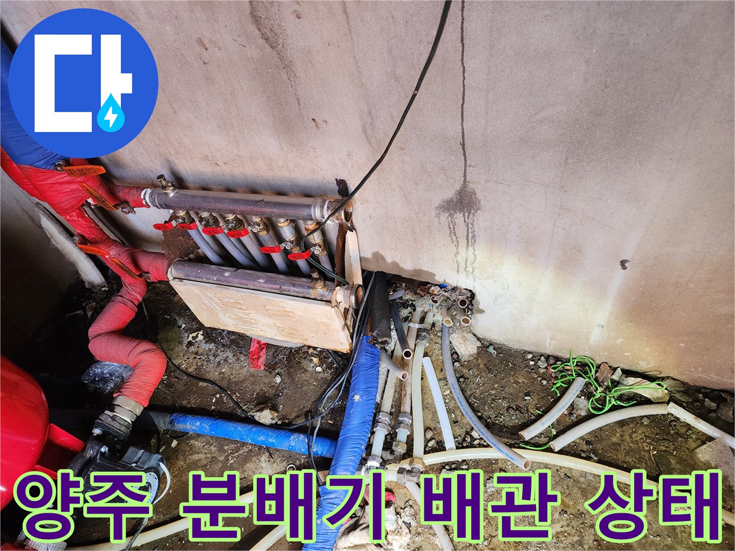 양주 현장-노후된 온수 분배기와 복잡한 배관 연결 부위 모습