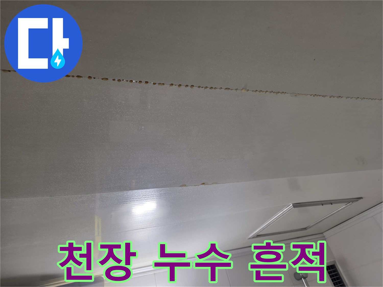 화장실 천장 마감재를 따라 길게 번진 누수 오염 부위 사진
