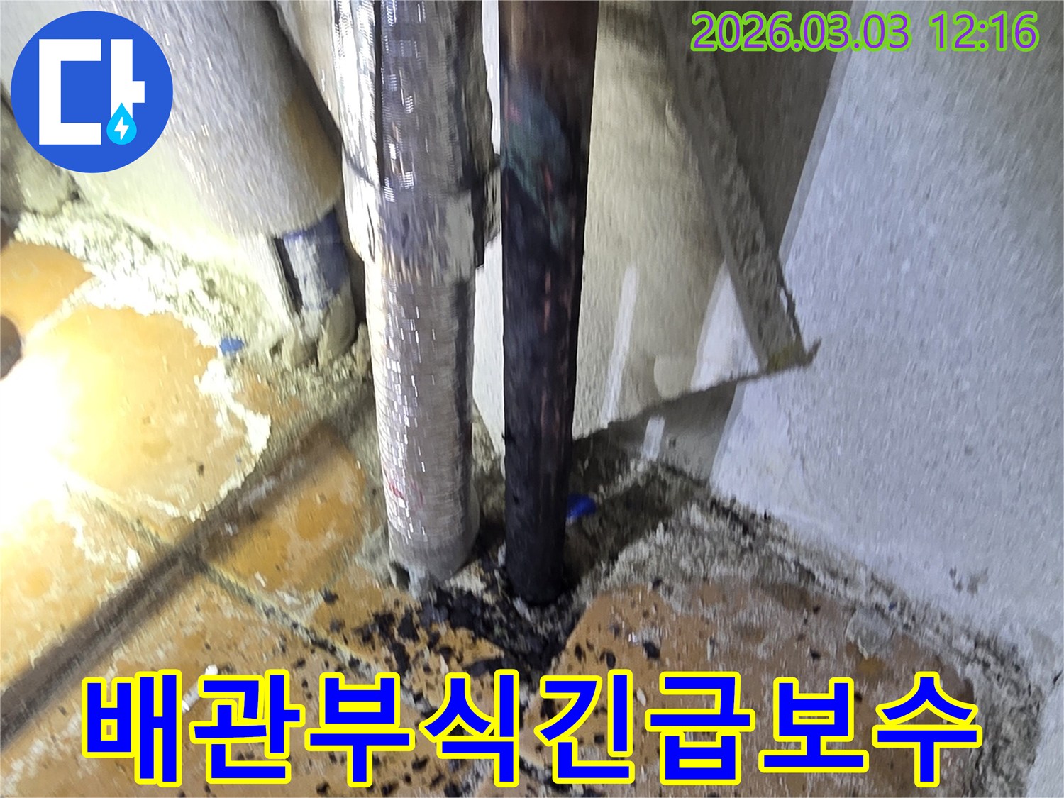 양주-광적면-주택에서-발견된-배관-부식으로-인한-물샘-현장을-정밀하게-확인하고-긴급-보수하는-모습